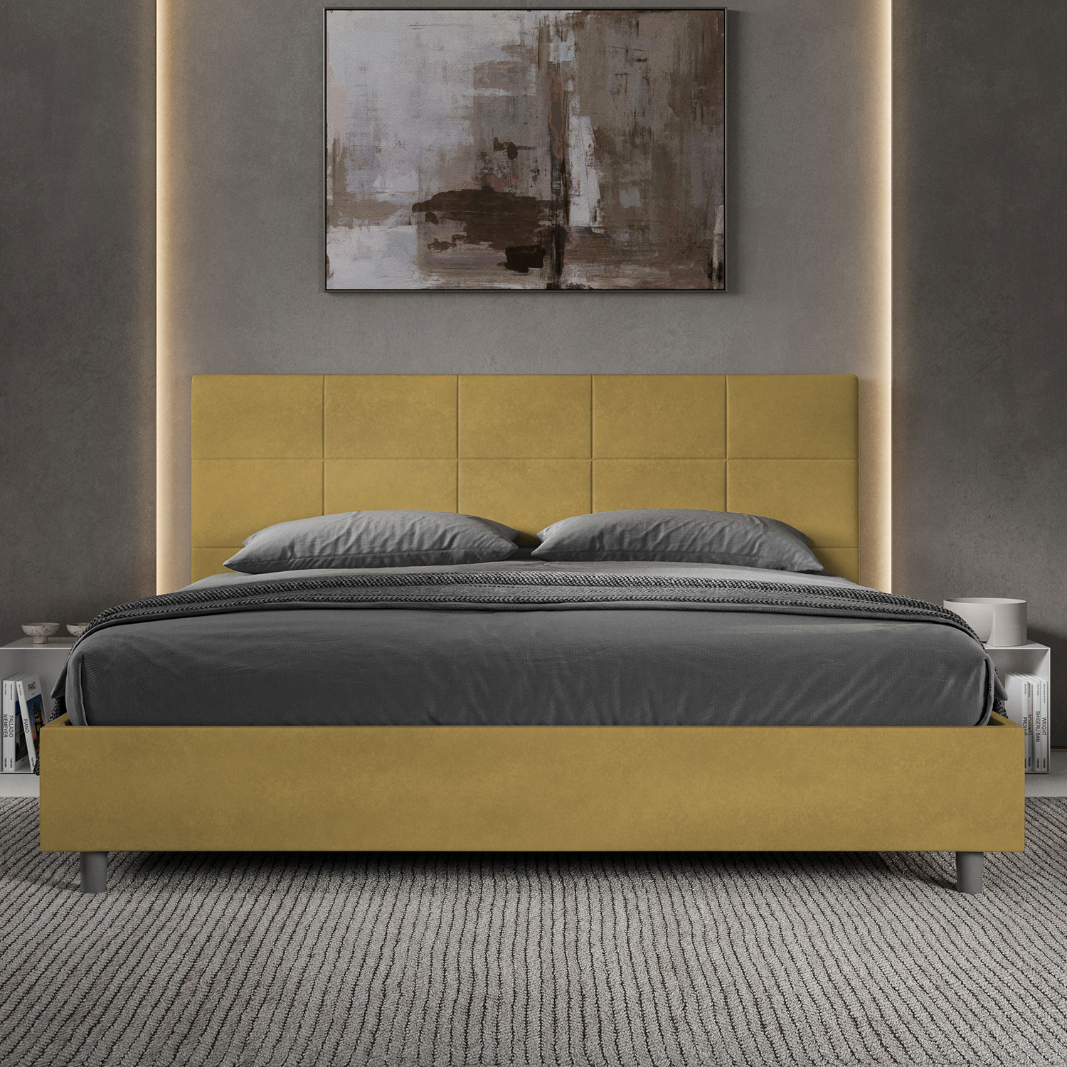 Letto Matrimoniale King Size 180x200 cm Senza Rete Imbottito in Microfibra Mika Ocra...