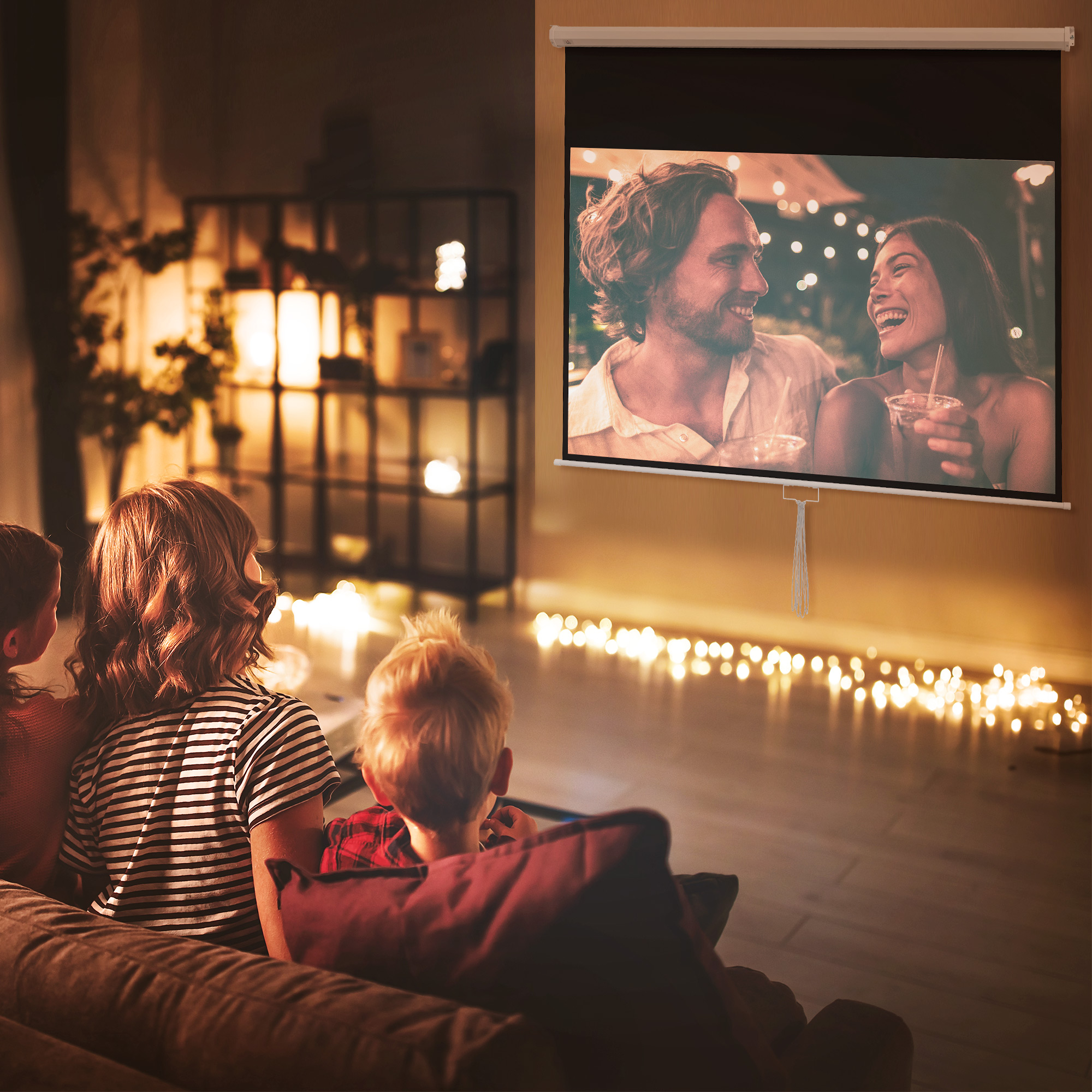 Telo Proiettore 80" 16:9 con Corda di Regolazione 187x8x150 cm in Plastica e Metallo Bianco...