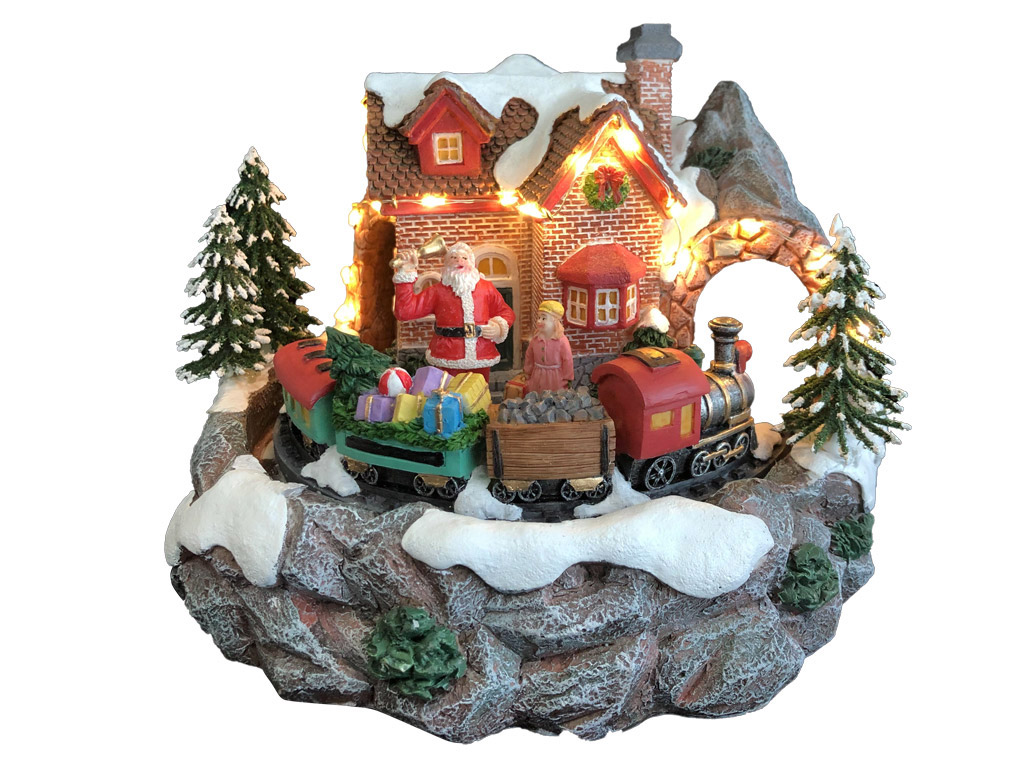 Image of Carillon Natalizio Casa di Babbo Natale 24x23x18 cm in Resina con Luci Suoni e Movimento