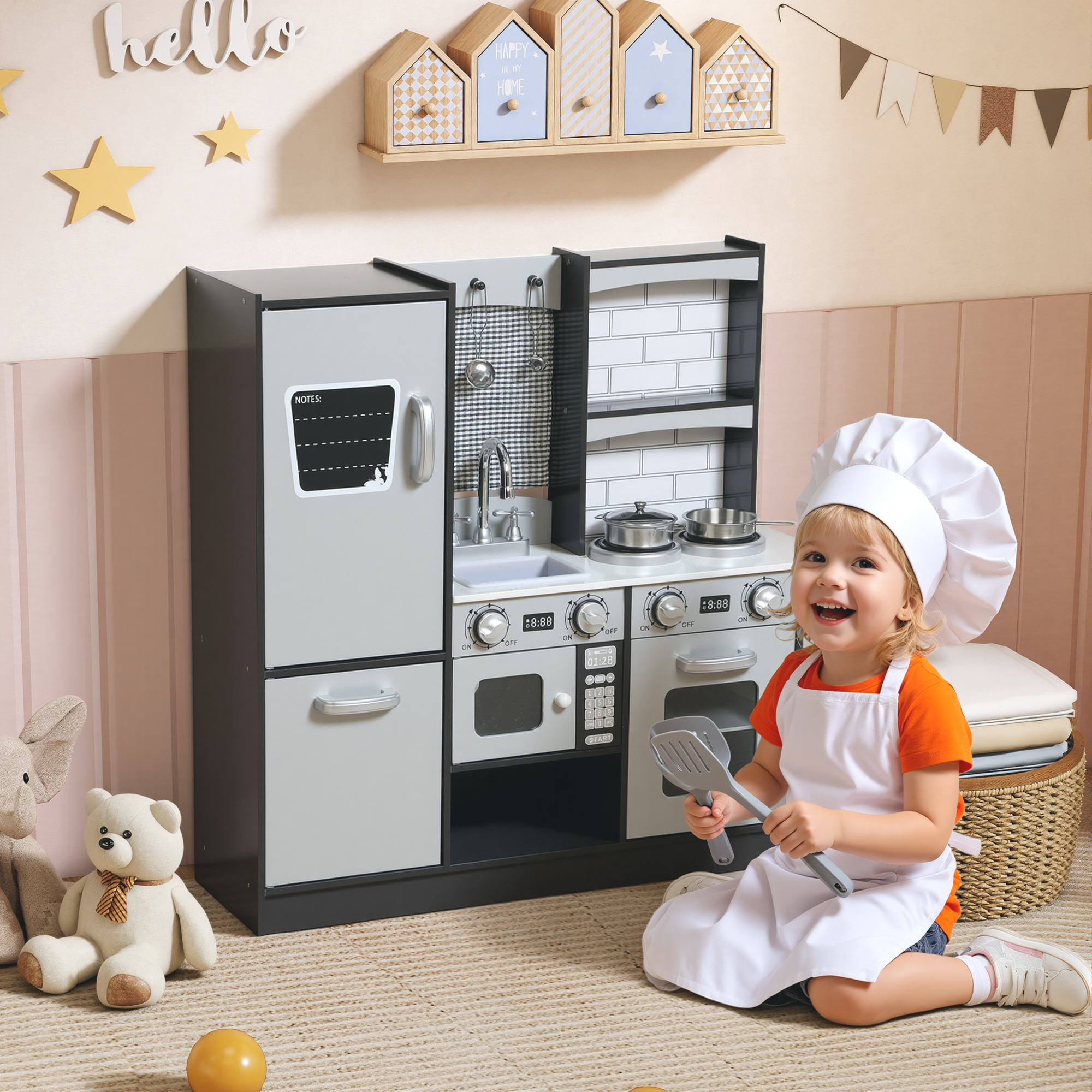 Cucina Giocattolo per Bambini 3-8 Anni con Accessori Frigo Lavandino e Suoni in Legno Marrone...