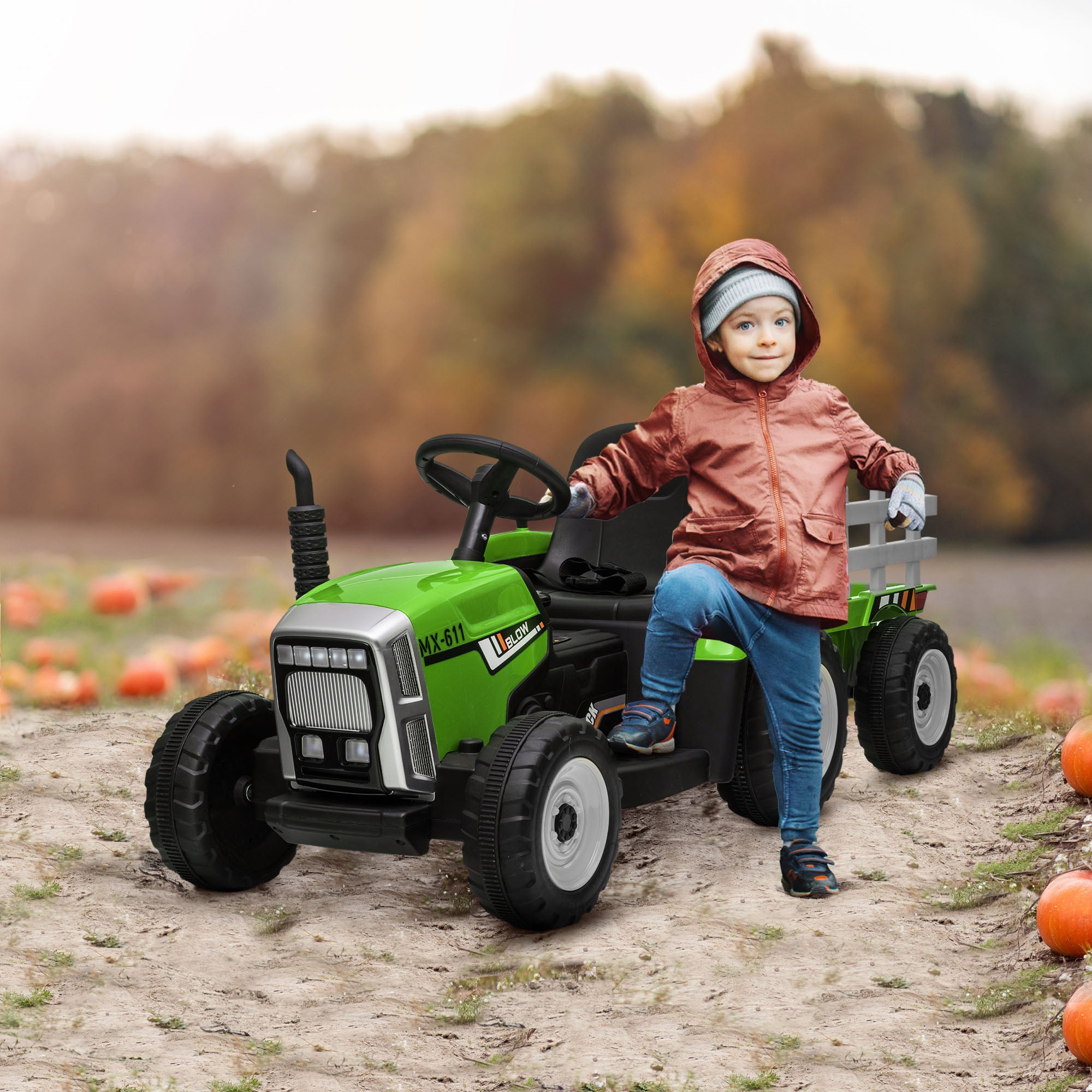 Trattore Elettrico per Bambini 12V con Rimorchio Verde