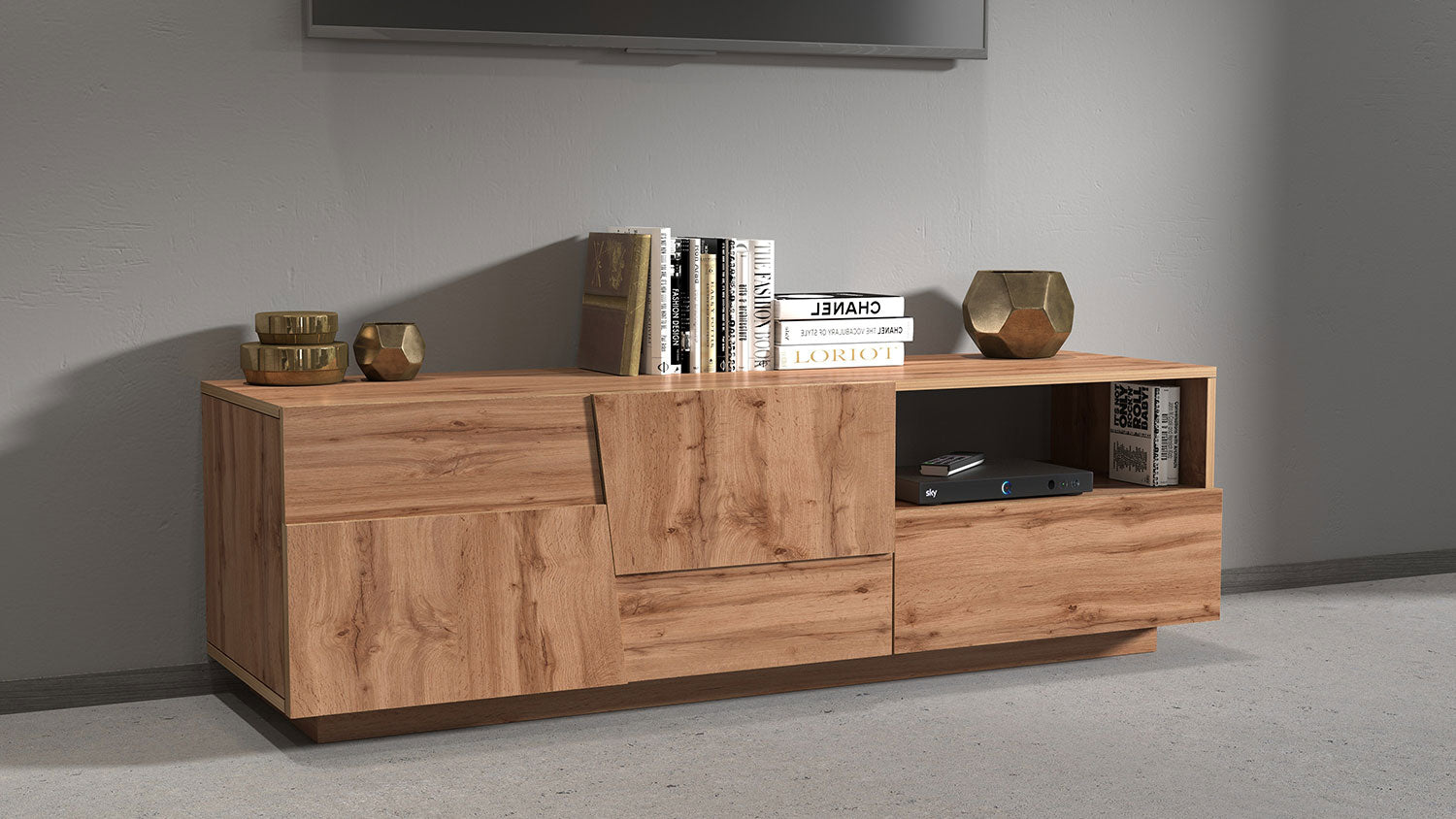 Mobile Tv 2 Anta 1 Cassetto e Ripiano a Giorno 150x45x46 cm Pongo 2A 1C Rovere Wotan  