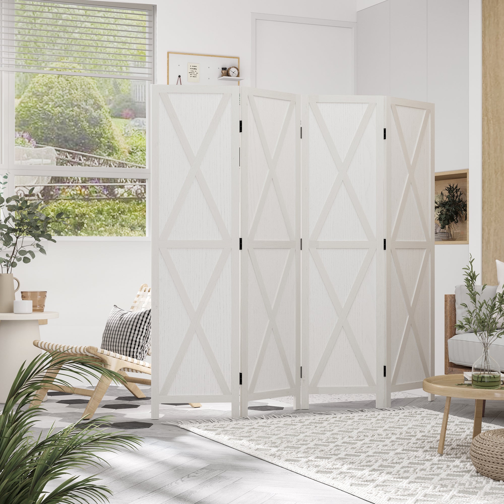 Paravento Separè 4 Ante per Interni 182x170 cm in Legno Bianco 