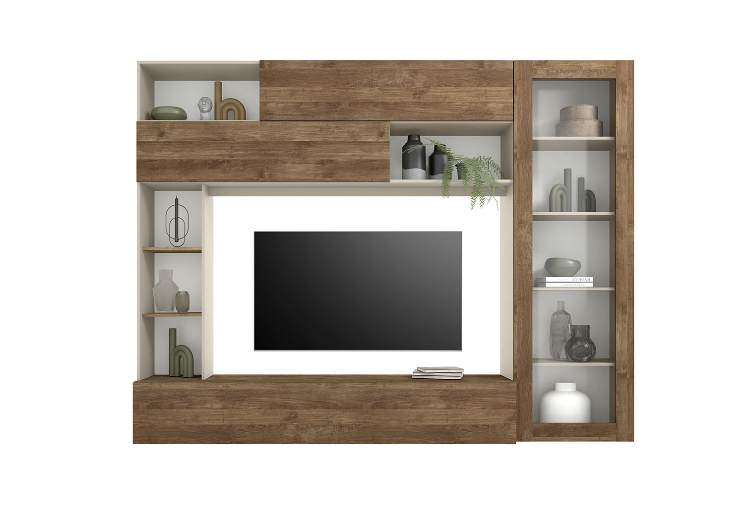 Parete Attrezzata Design Contemporaneo 277x40x210 cm con Anta Vetro Pratiko Cashmere e Noce Mercure