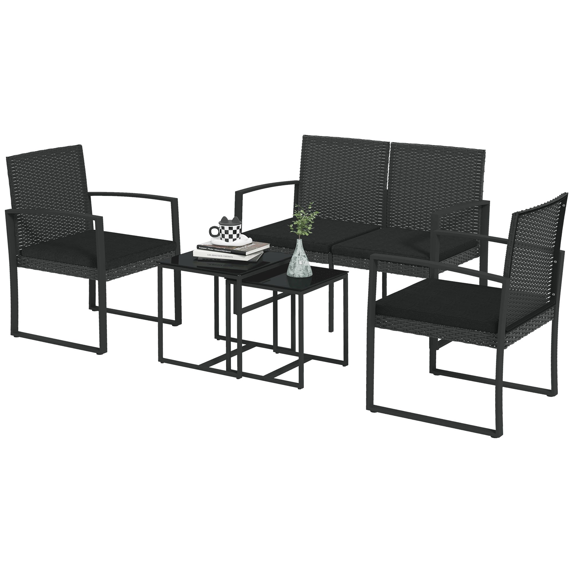 Set da Giardino Divano 2 Poltrone e 2 Tavolini Piano in Vetro Nero