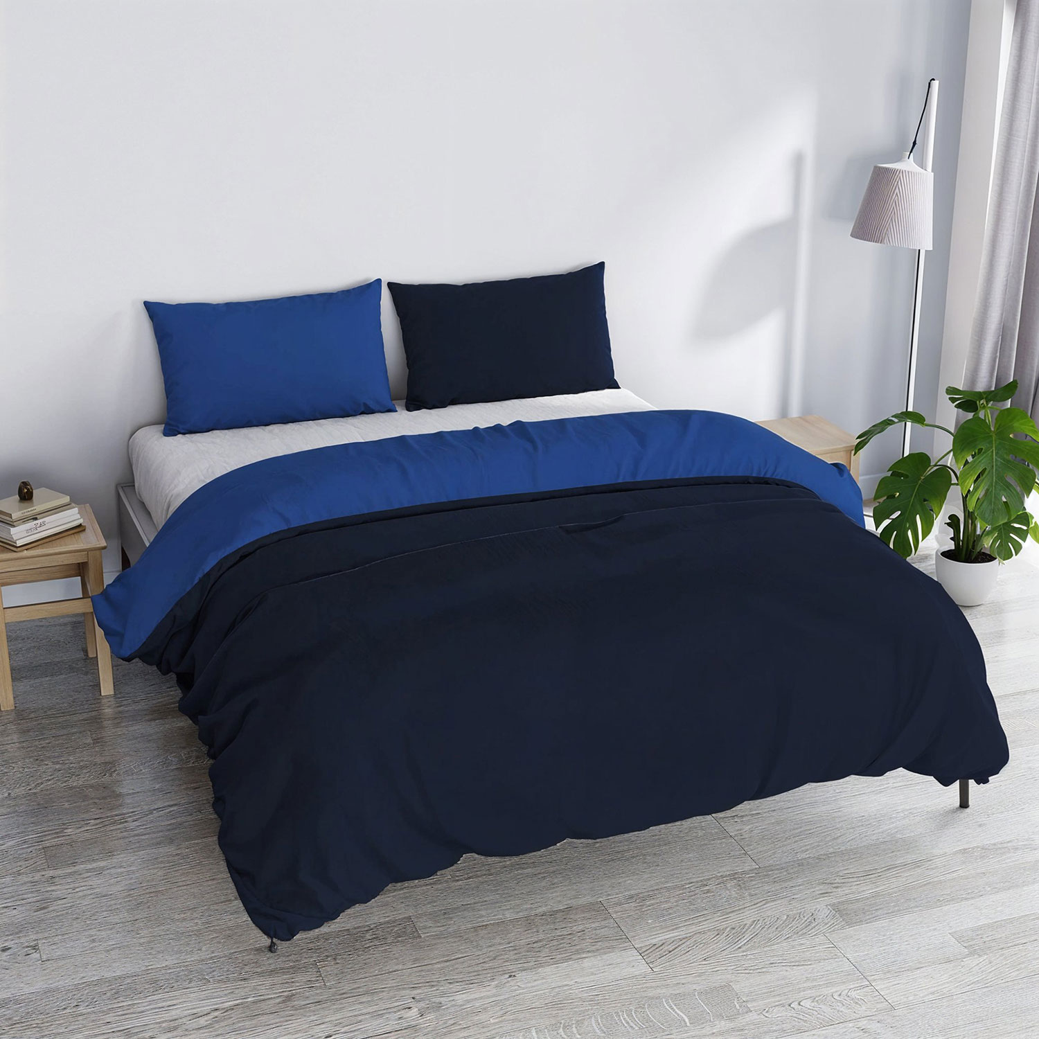 Copripiumino Matrimoniale con Sacco e Federe in Tinta Unita Double Face Linea Vera Blu e Royal...