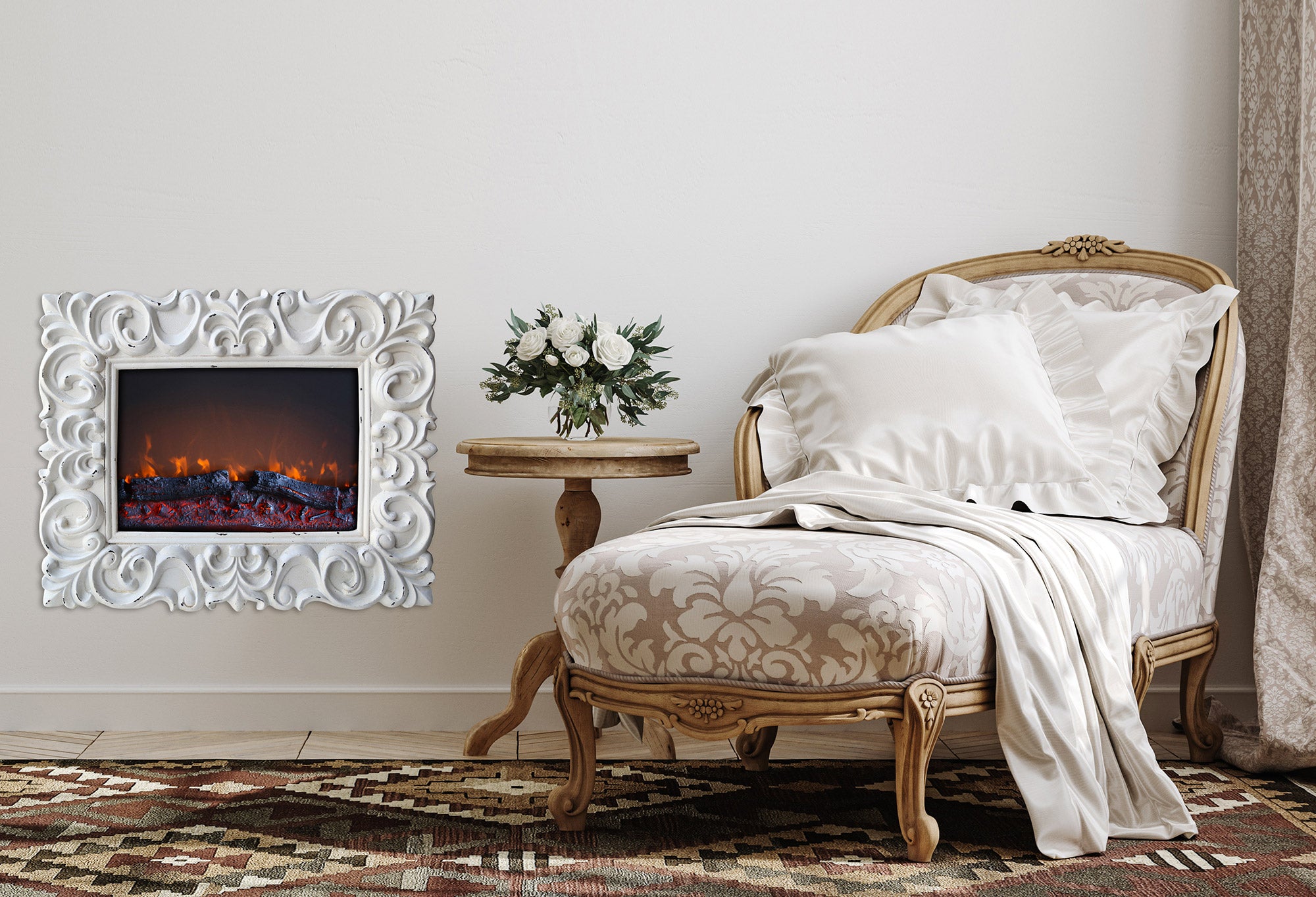 Camino Elettrico da Parete Effetto Fiamma 1800W Chic Bianco...