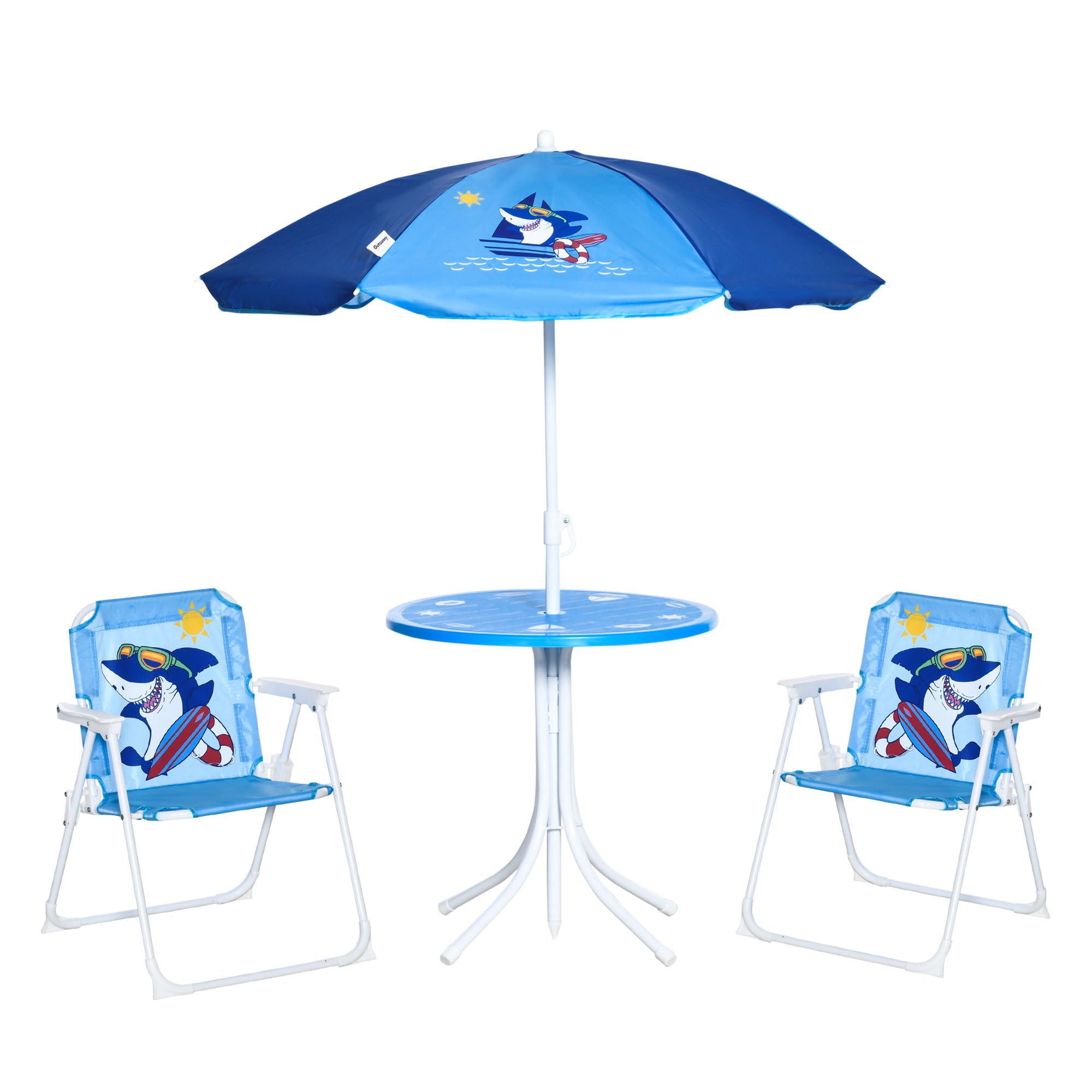 Set Tavolino e 2 Sedie Pieghevoli da Giardino per Bambini con Ombrello Blu...