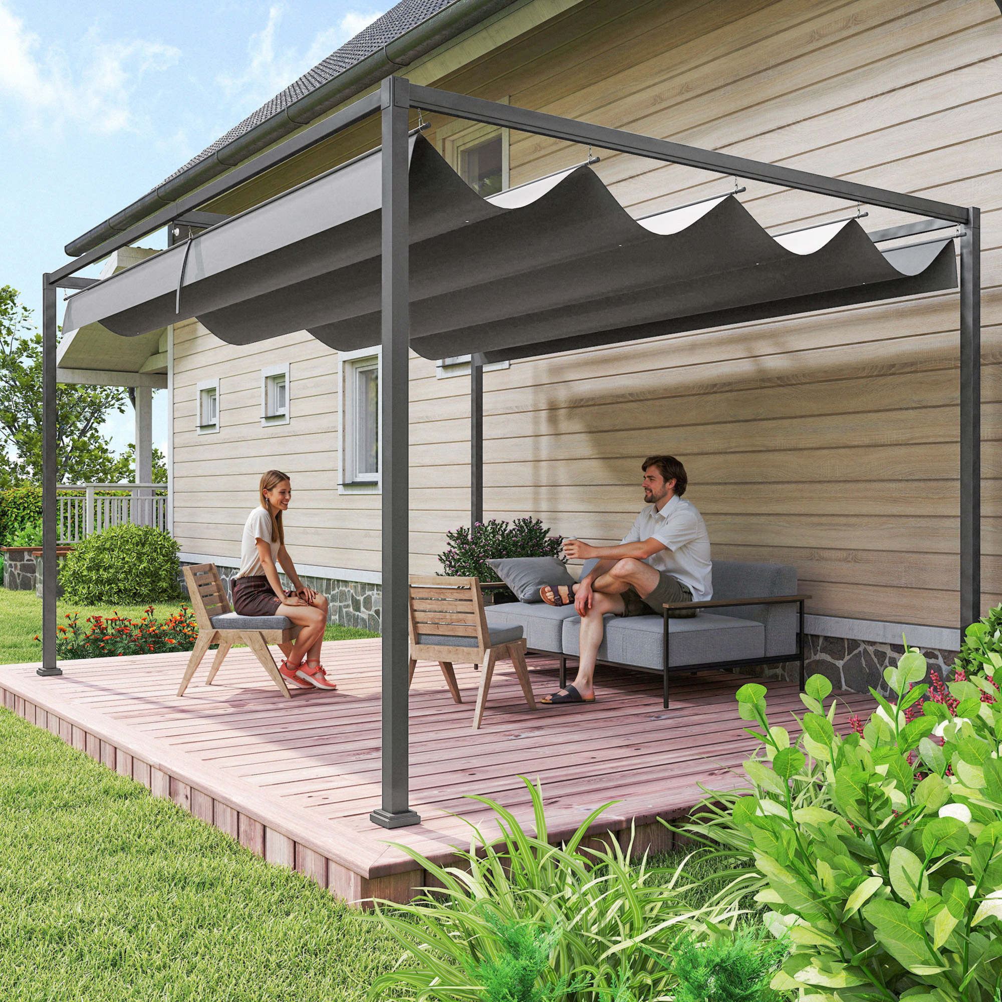Pergola da Esterno 4x3 m con Tettuccio Retrattile in Metallo e Poliestere Grigio Scuro...