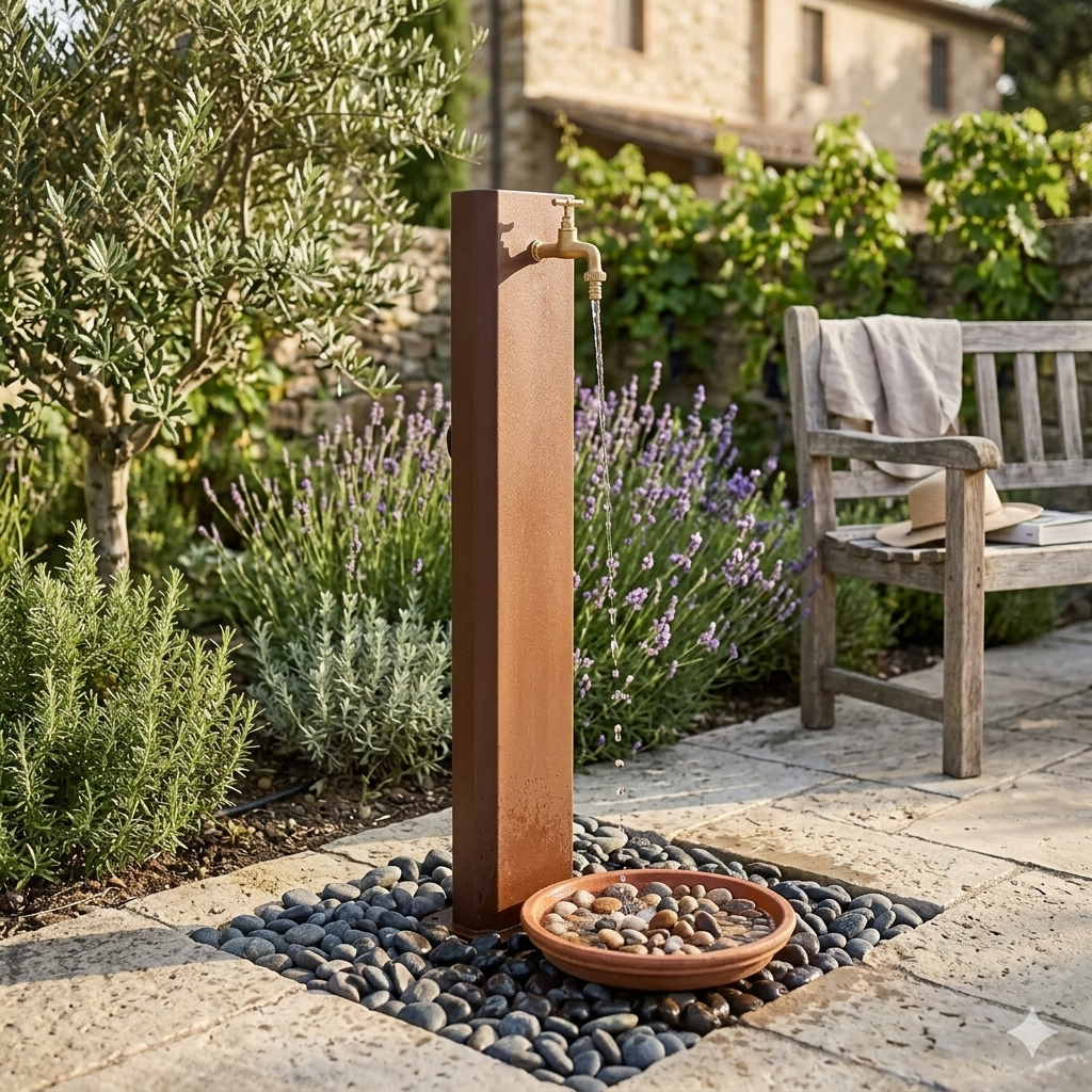Fontana da Giardino Design a Colonna Ovale Rubinetto in Ottone Senza Base Corten...