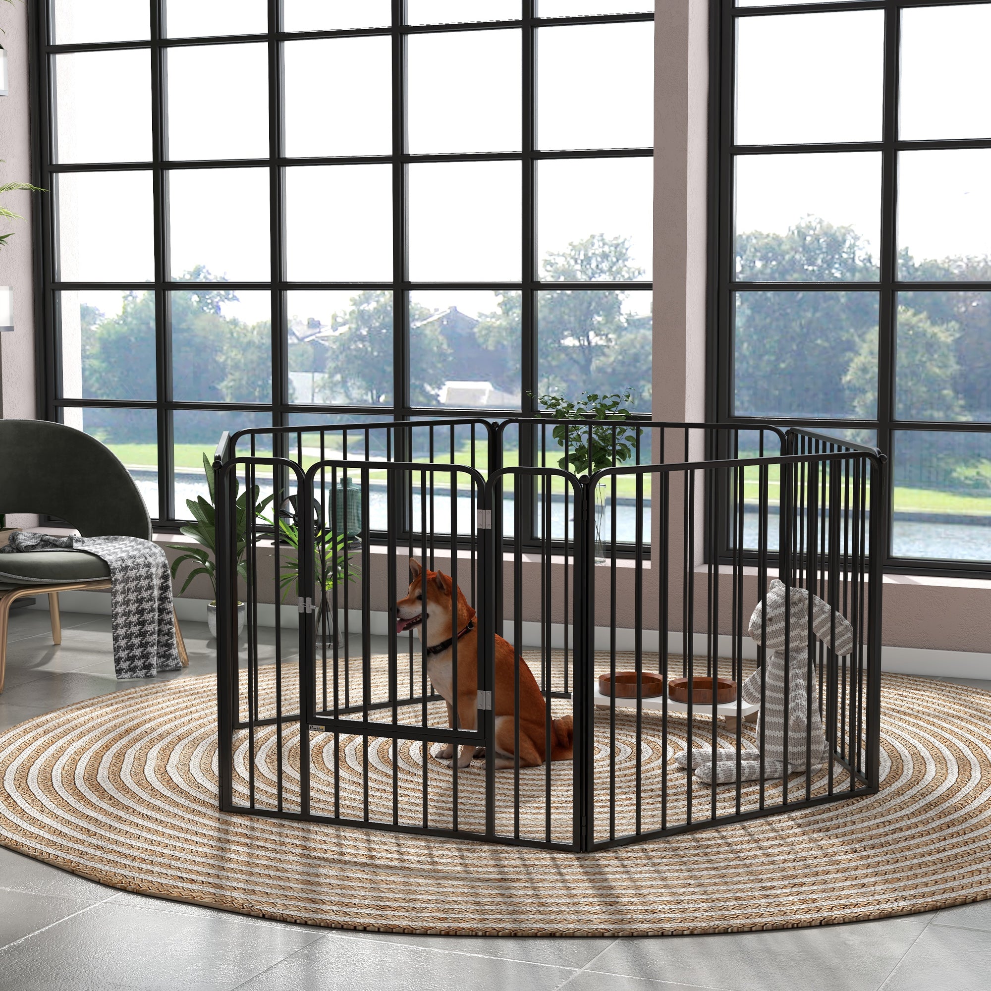 Recinto per Cani a 6 Pannelli Modulabili da Interno ed Esterno 164x83x80 cm in Acciaio Nero...