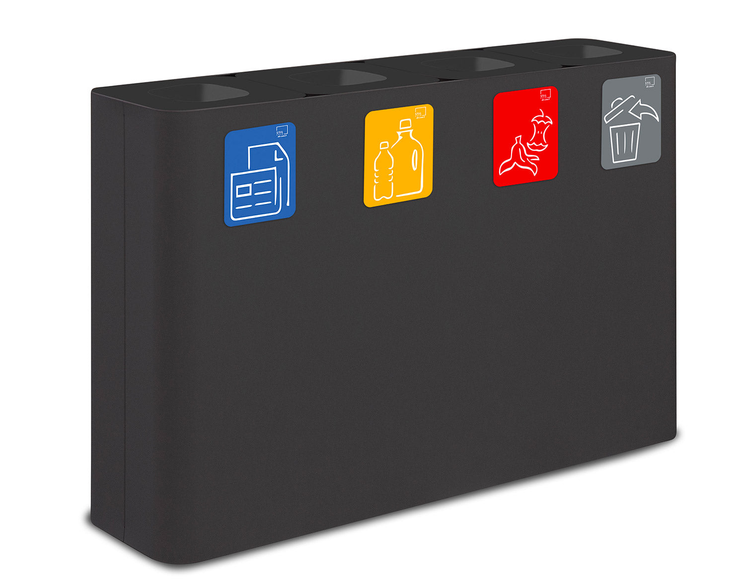 Pattumiera Sistema di Raccolta Rifiuti 120x30xh80 cm In Acciaio Verniciato 4 Scomparti Nero...