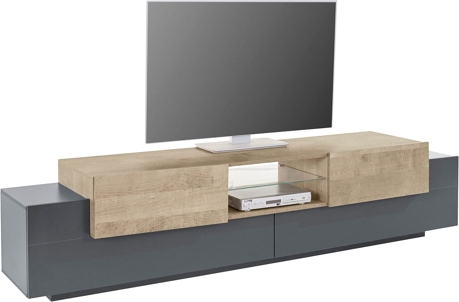 Mobile Tv 4 Ante e Ripiano a Giorno 220x45x51,5 cm Coro Grigio Antracite Opaco/Rovere Wotan  