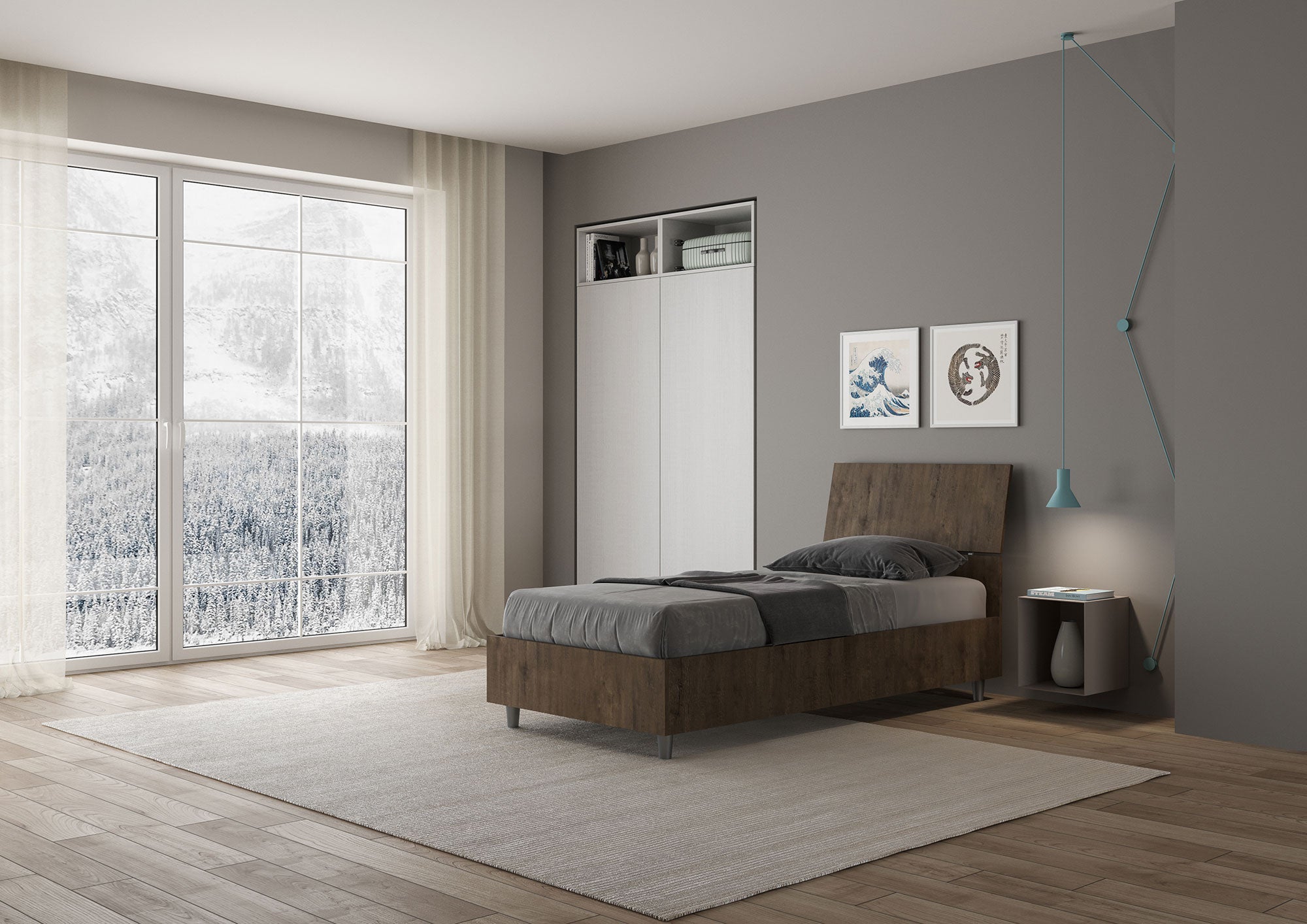 Letto Singolo 80x200 cm Senza Rete Testata Inclinata Demas Noce...