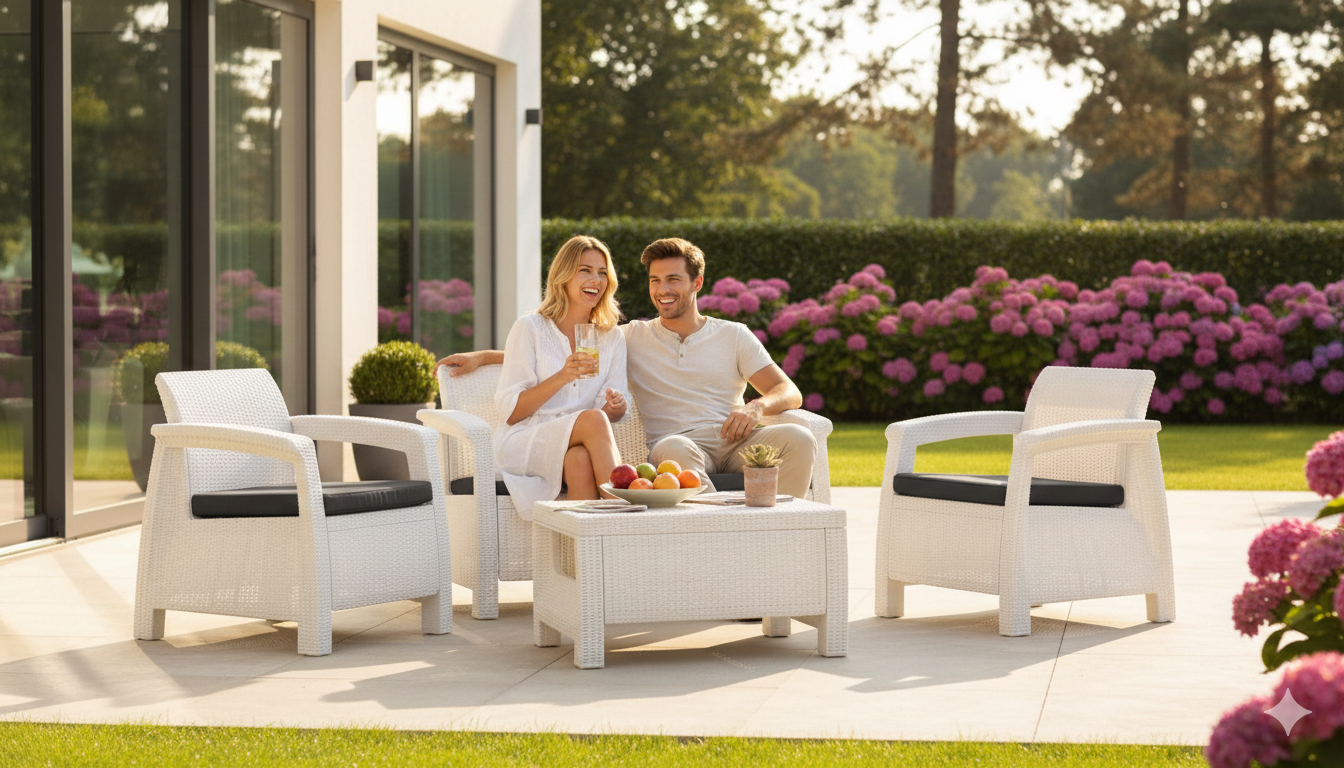 Set da Giardino Divano 2 Poltrone e Tavolino in Resina Keter Corfu Lounge Bianco...