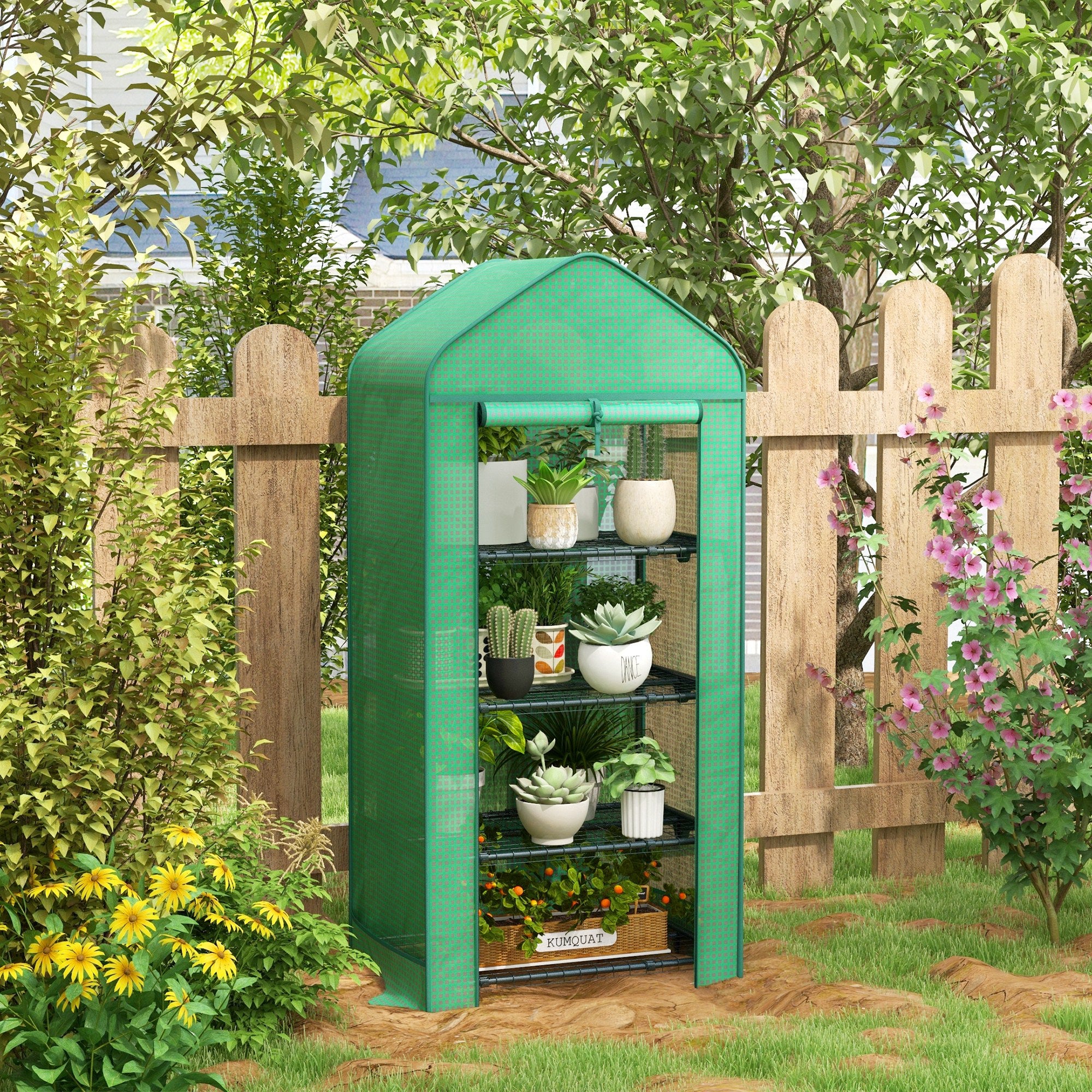 Serra per Piante a 4 Ripiani con Porta Avvolgibile 69x49x158 cm in Metallo e PE Verde Scuro...