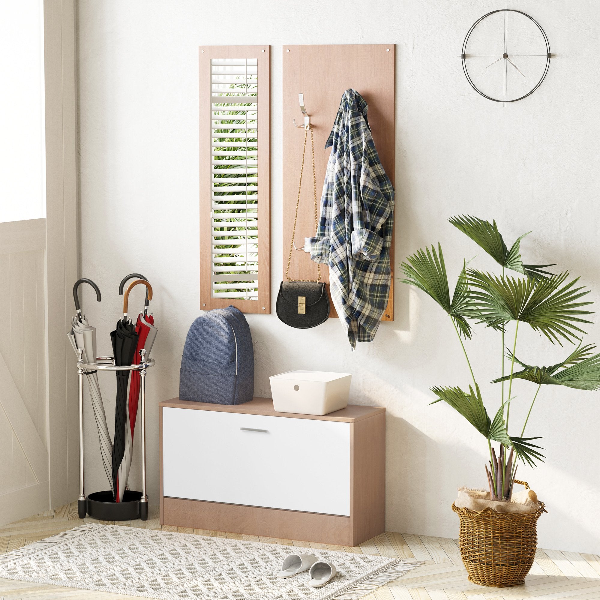 Set 3 Pezzi Scarpiera Appendiabiti Specchio da Ingresso in Legno 80x27x46.5 cm...