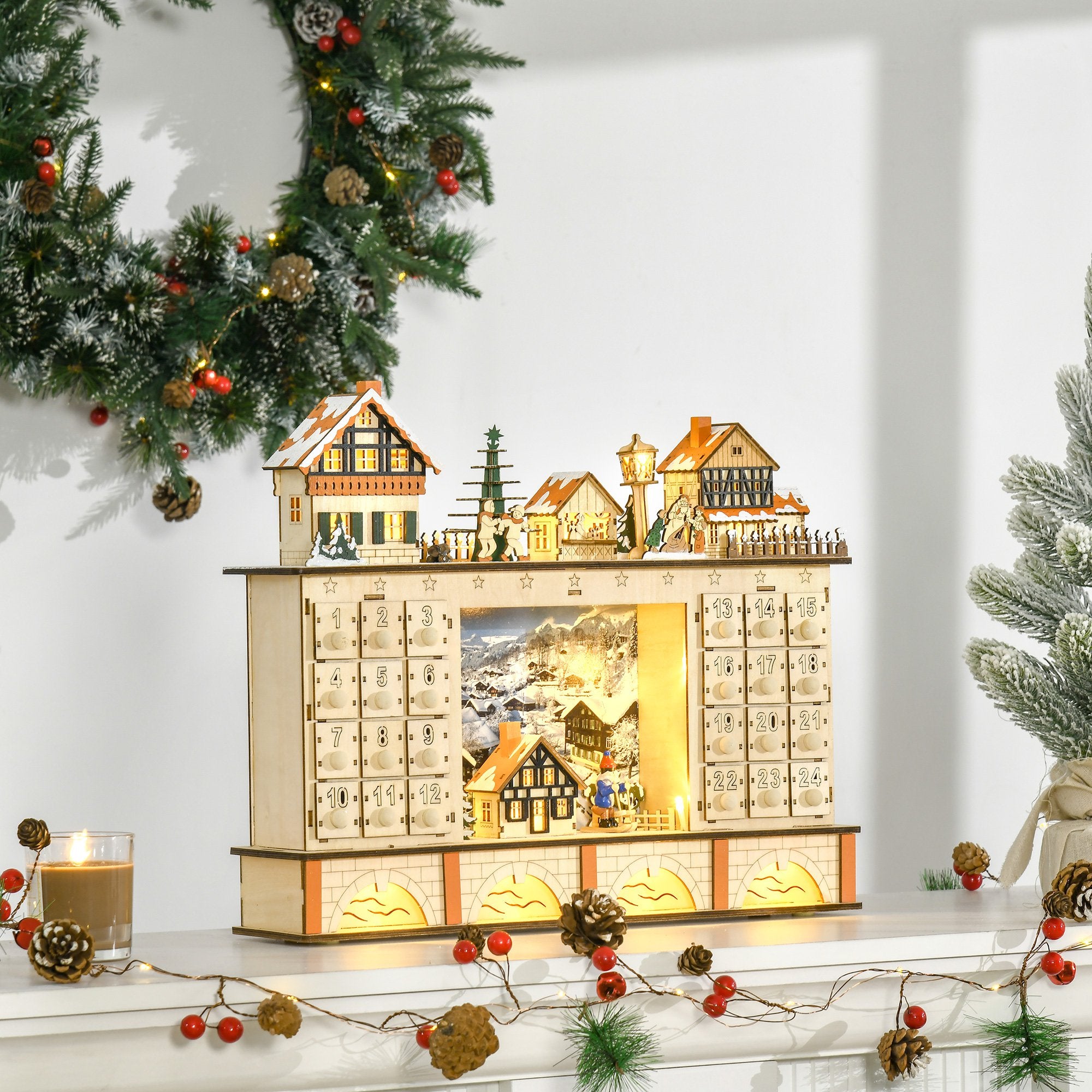 Calendario dell'Avvento 44x10x37 cm 24 Cassetti con Villaggio di Natale e Luci in Legno...