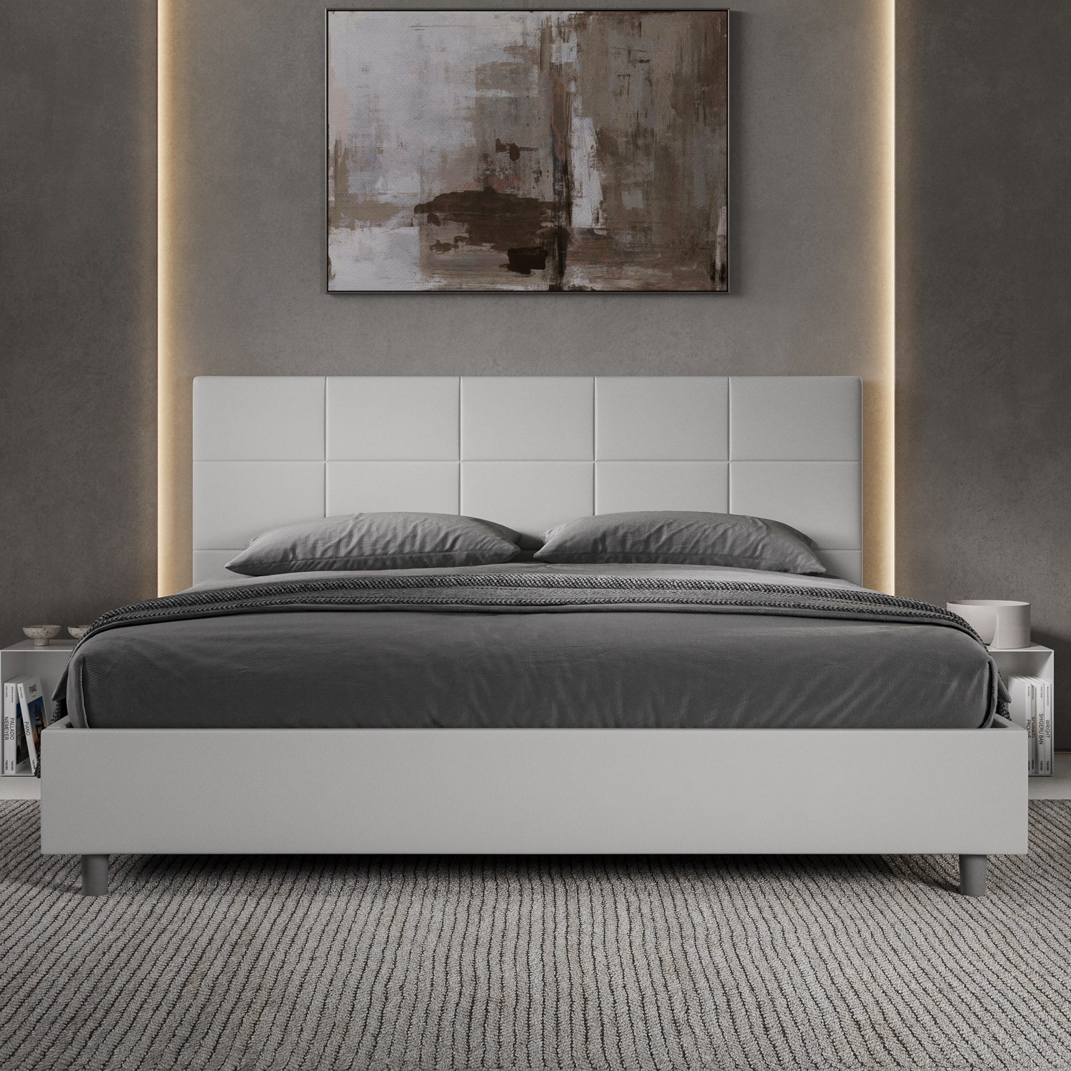 Letto Matrimoniale King Size 180x200 cm Senza Rete Imbottito in Similpelle Mika Bianco...