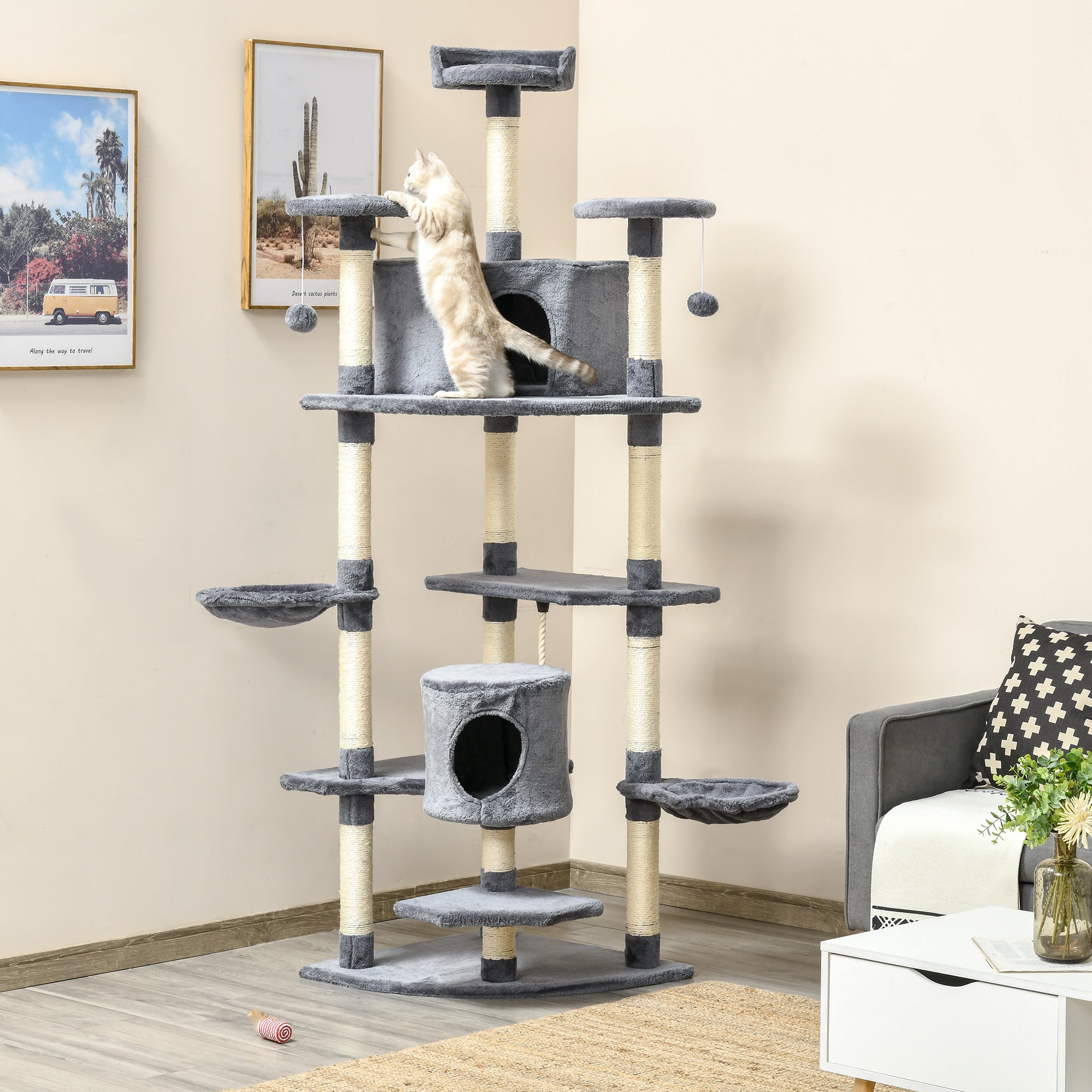 Albero Tiragraffi per Gatti 60x60x200 cm con Casette e Amache Grigio Chiaro...