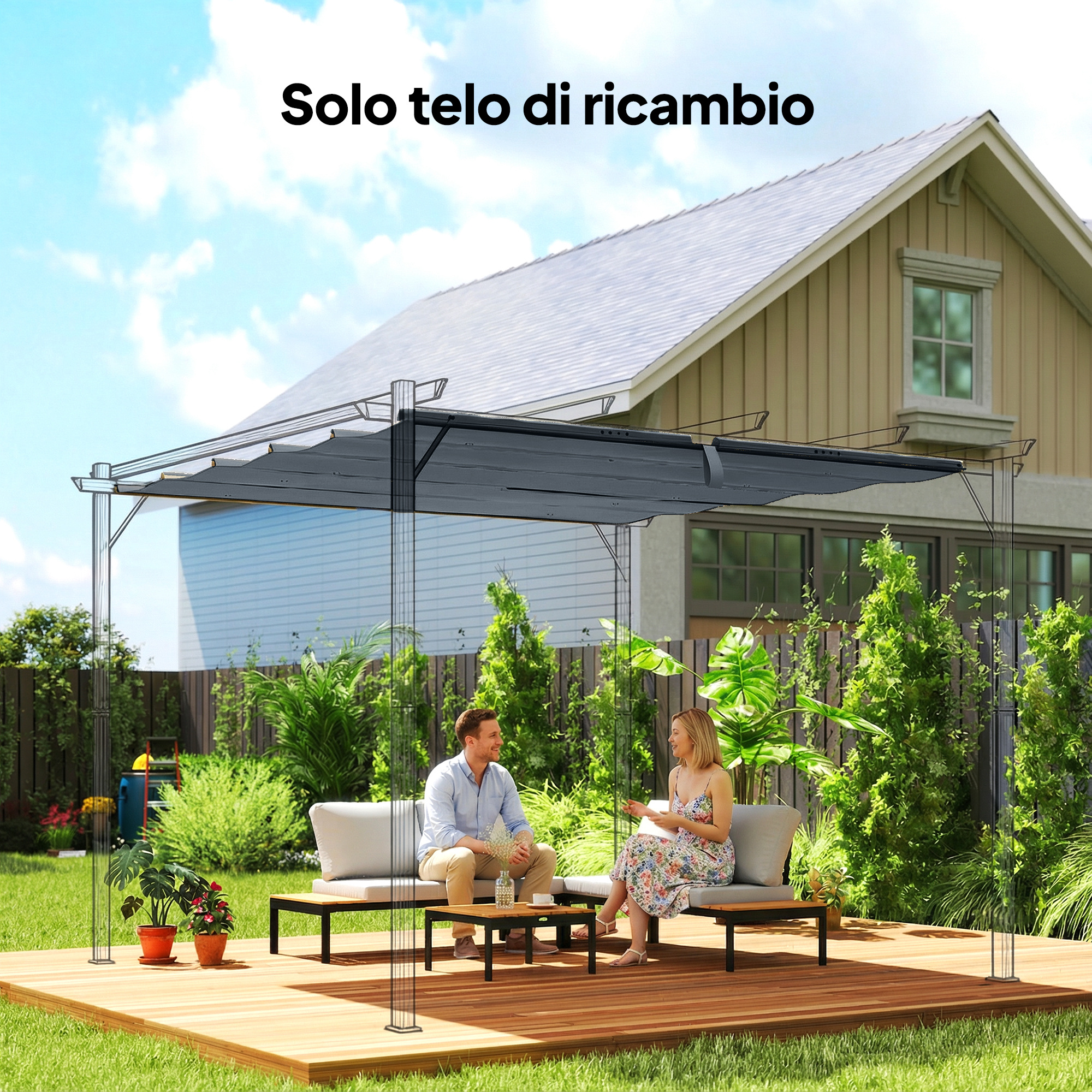 Telo per Pergola 288x298 cm con Fori di Drenaggio in Poliestere Traspirante UV30+ Grigio...