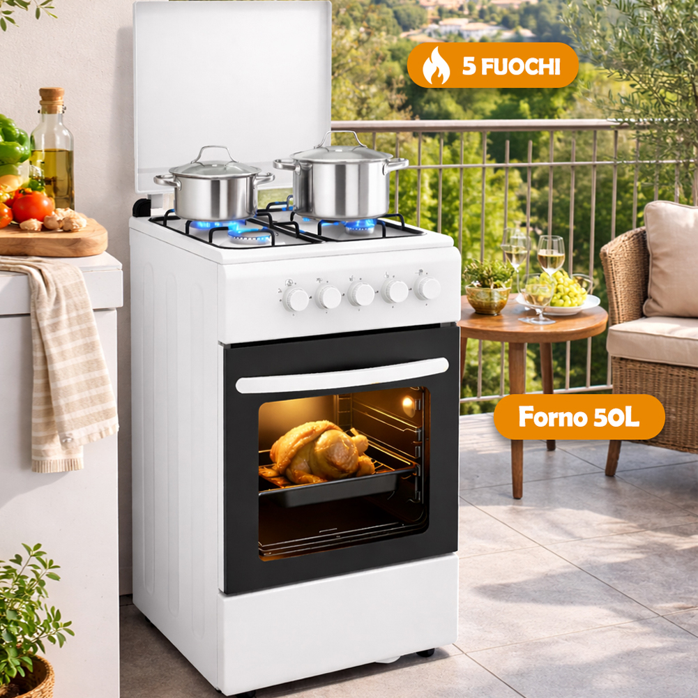 Cucina a Gas 86x50x50 cm Piano Cottura a 4 Fuochi da Esterno con Forno e Coprifuochi Bianco...