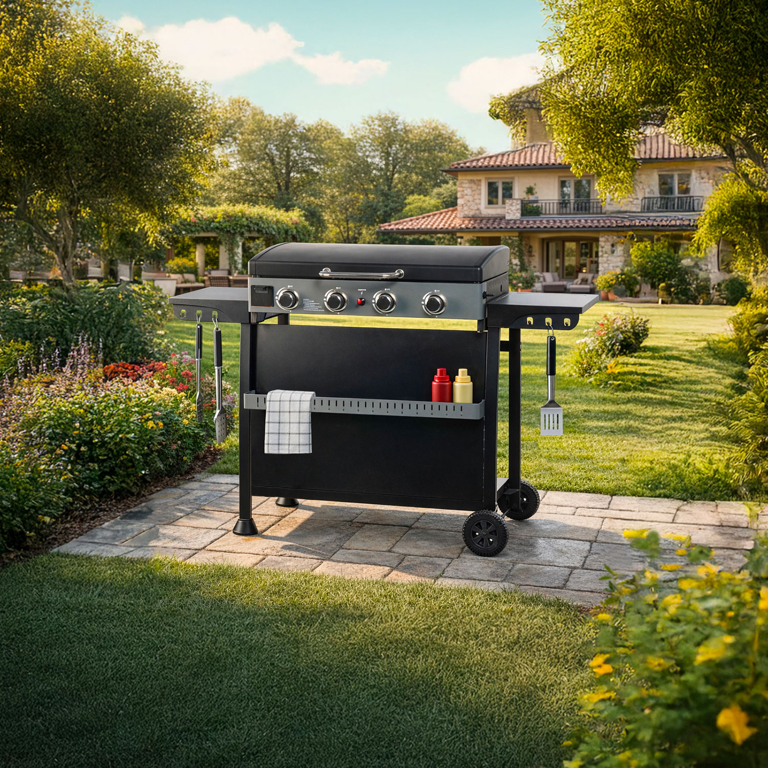 Piastra di Cottura Plancha a Gas 140x54,5x96 cm Potenza 10 kW con Coperchio in Acciaio Nero...