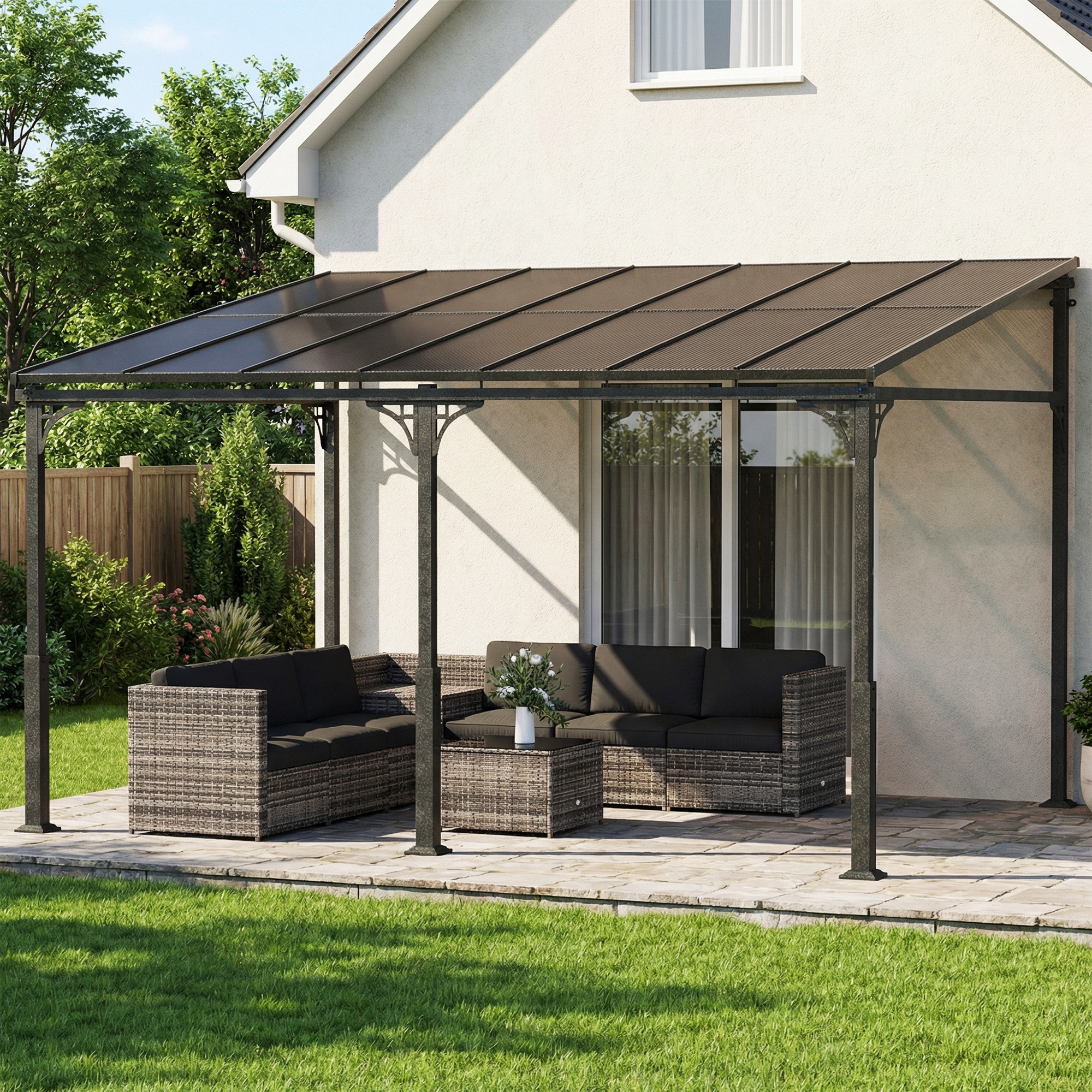 Pergola Addossata 4x3 m con Tetto in Policarbonato Metallo e Alluminio con Viti Marrone...