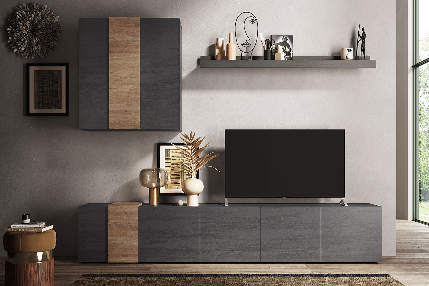 Parete Attrezzata Design Contemporaneo 301x44x195 cm Mobile TV e Pensile Titanio e Cadiz