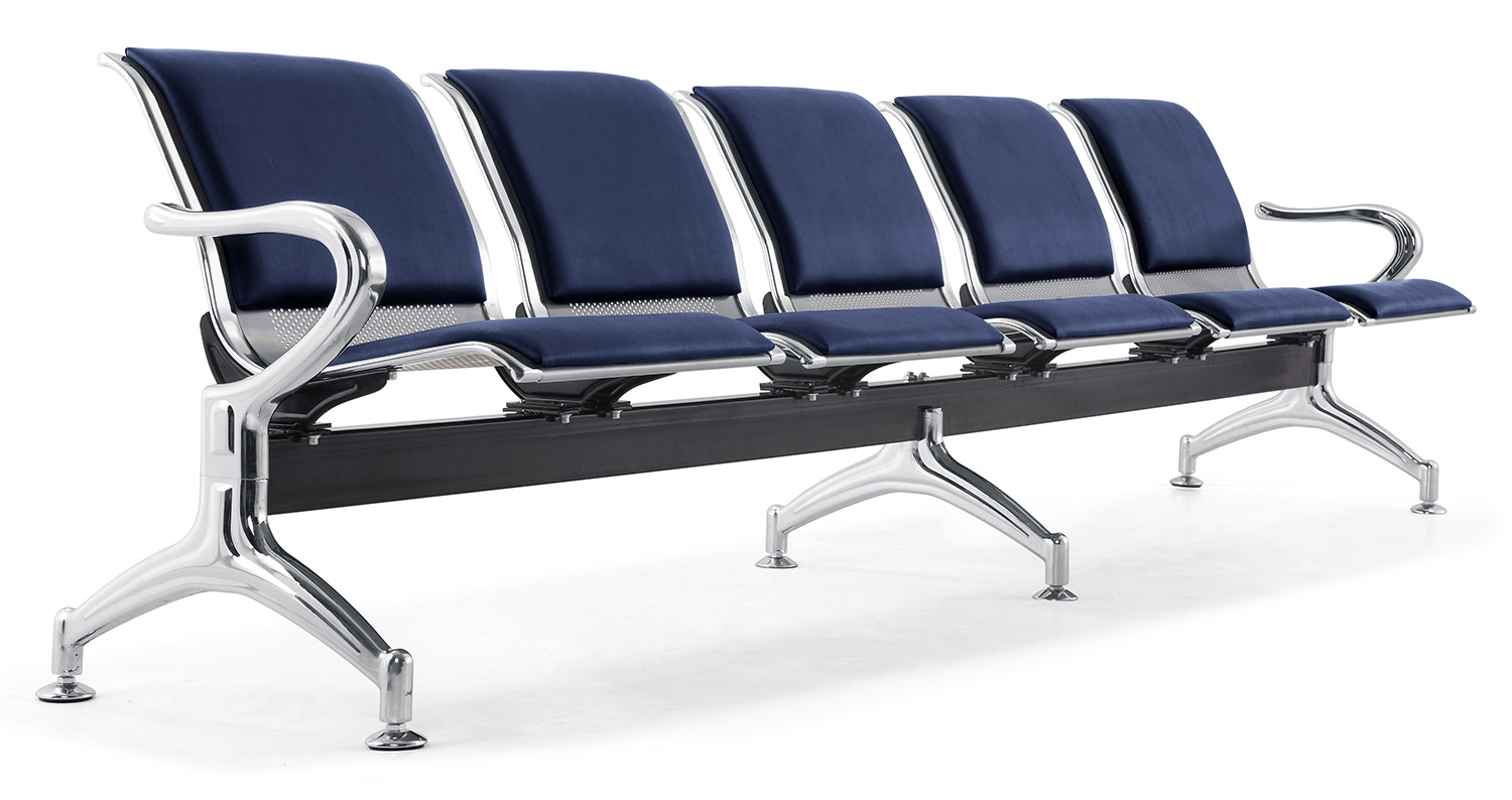 Image of Panca per Sala Attesa 5 Posti da Ufficio con Cuscino in Acciaio e Similpelle Argento/Blu Navy