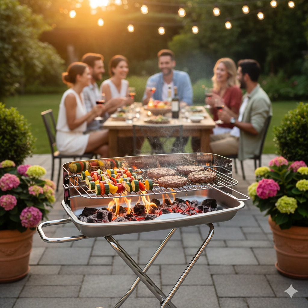Barbecue Ompagrill con Braciere in Acciaio Alluminato Resistente fino a 500° Struttura con Carrello in Acciaio Inox...