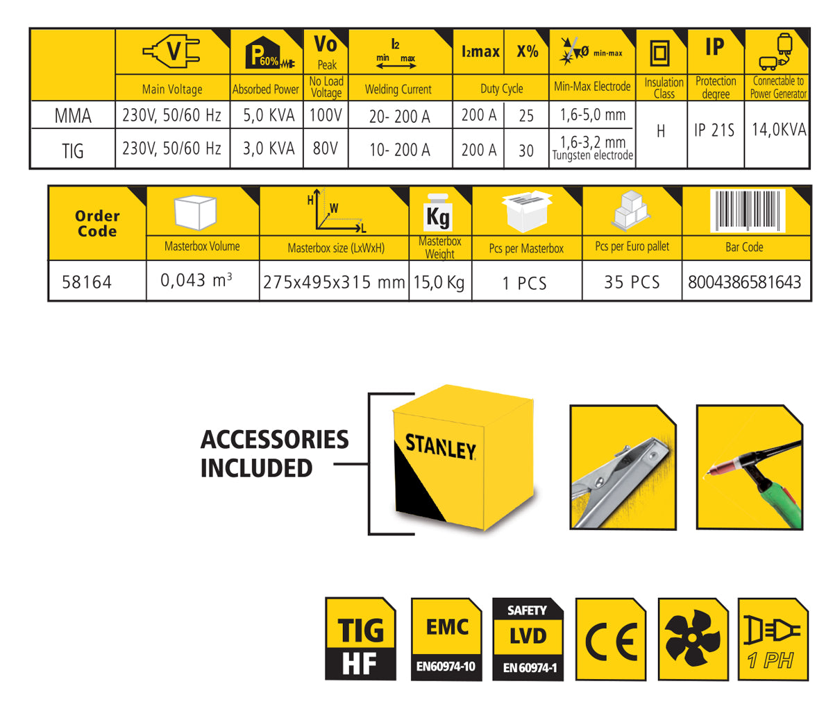 Saldatrice a TIG Inverter Stanley TIG201 i Hf-Dc con Valigetta...