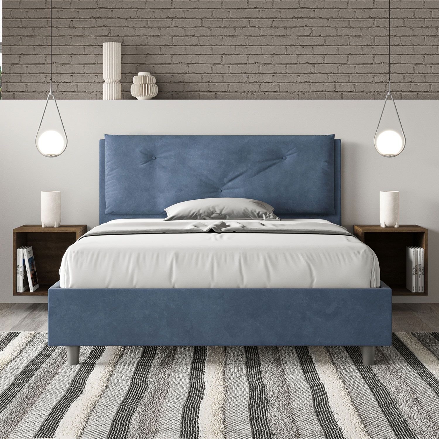 Letto Matrimoniale Francese 140x190 cm Senza Rete Imbottito in Microfibra Appia Large Blu...