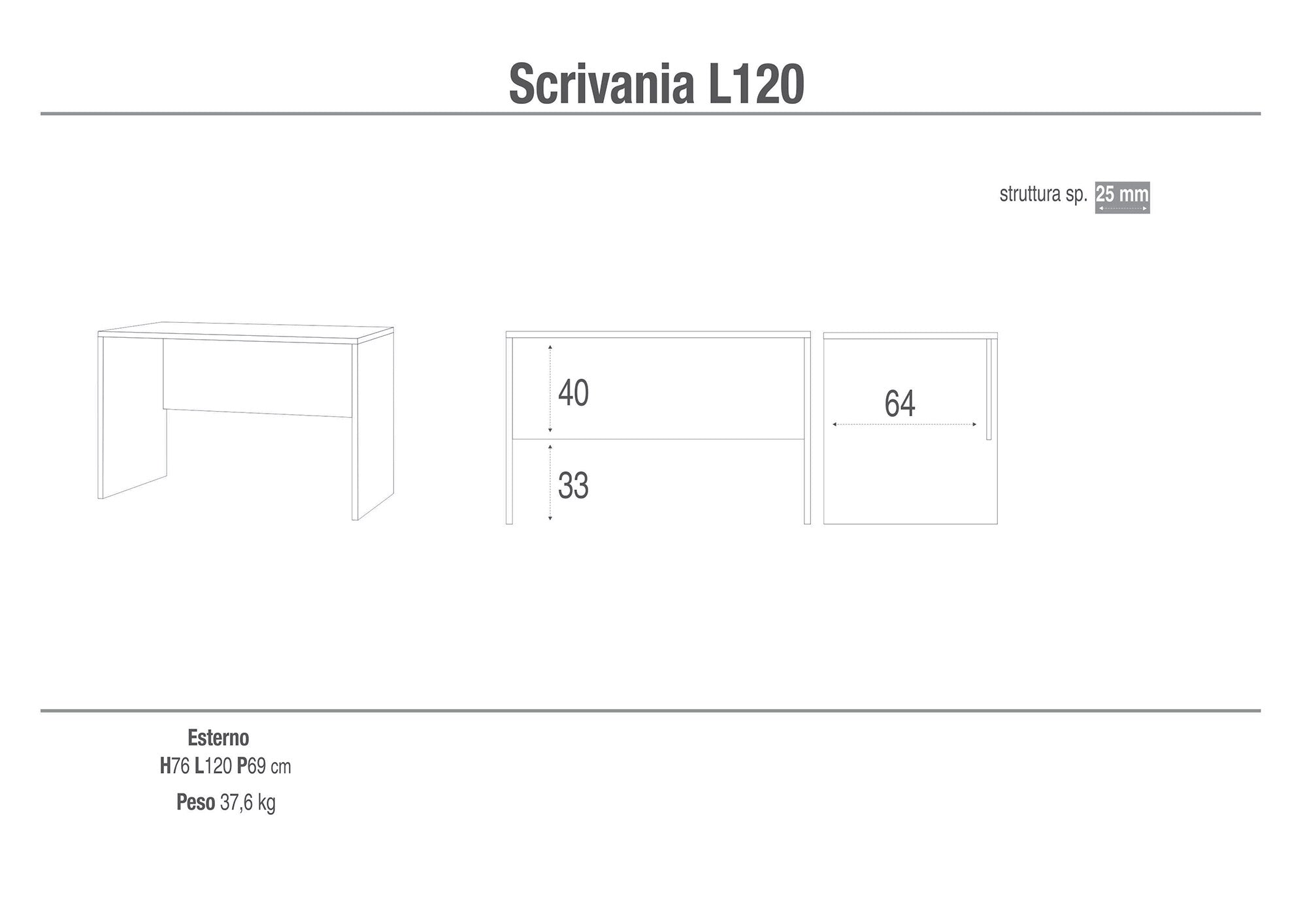 Scrivania 120x76x69 cm Cemento...