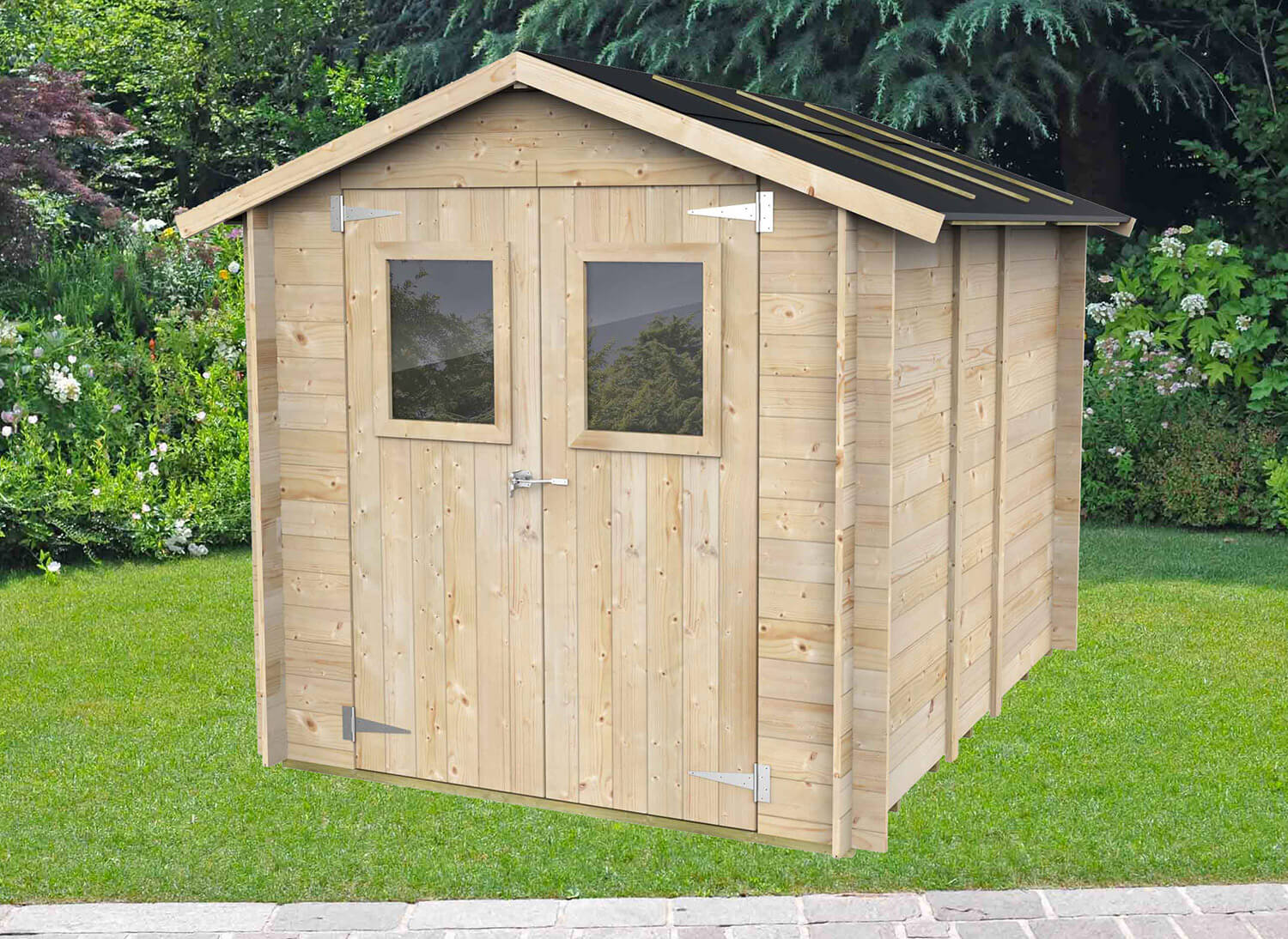 Casetta Box da Giardino per Attrezzi 198x248 cm con Porta Doppia Finestrata in Legno Naturale...