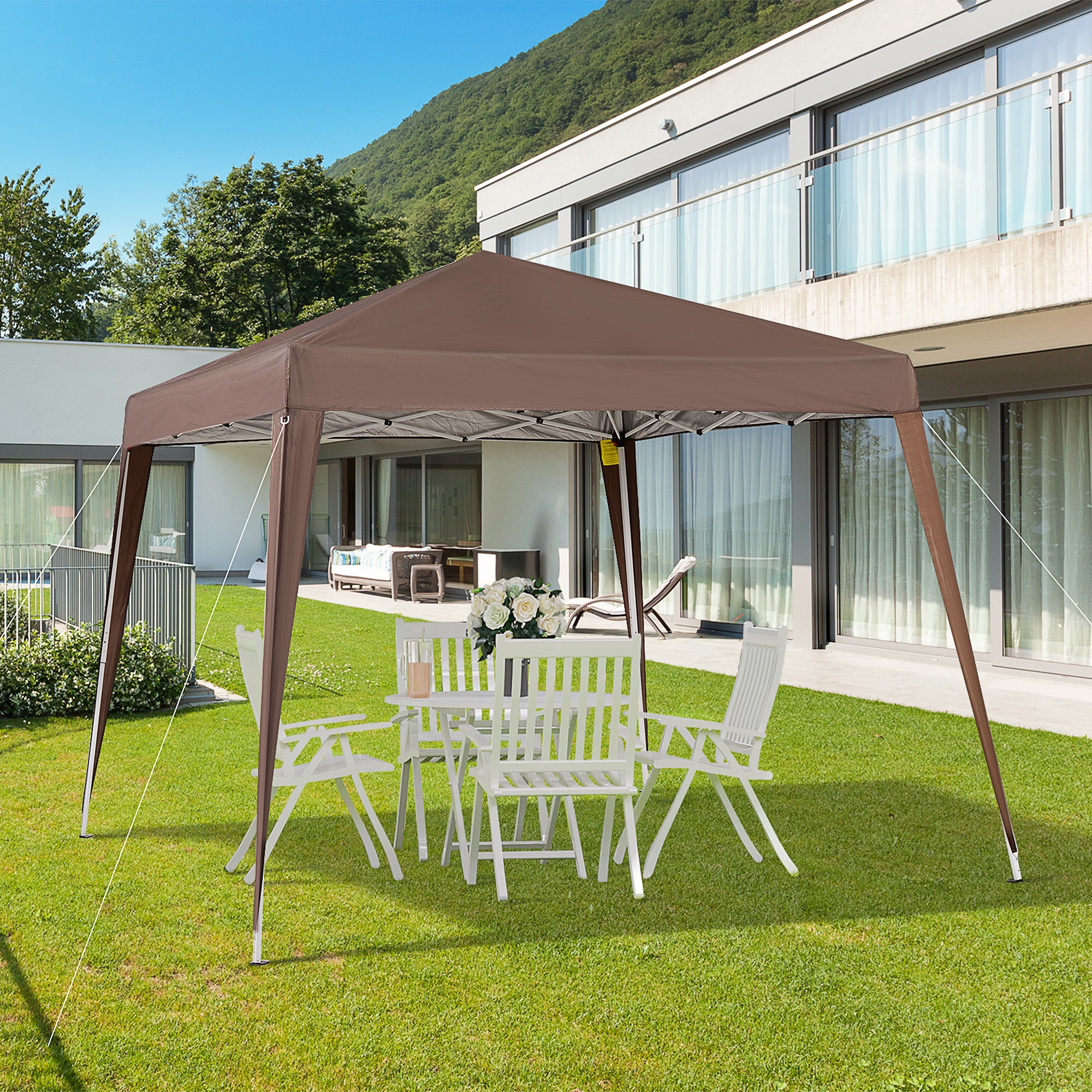 Gazebo Pieghevole da Giardino con Struttura Antivento 2,4x2,4m in Acciaio e Corde Caffè...