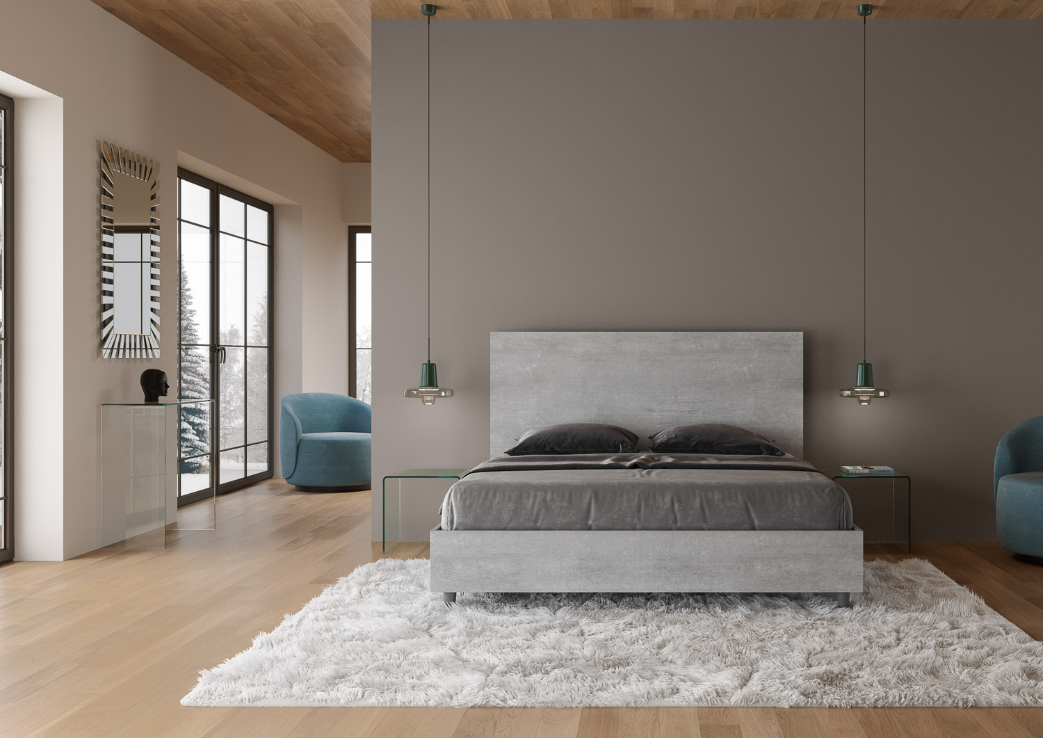 Letto Matrimoniale 160x200 cm Senza Rete Testata Dritta New Egos Cemento...