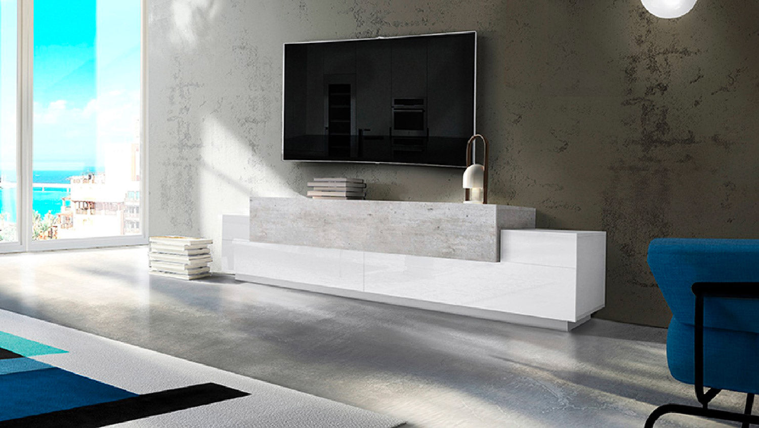 Mobile TV 3 Ante 240x45x51,5 cm Coro Bianco Lucido e Cemento