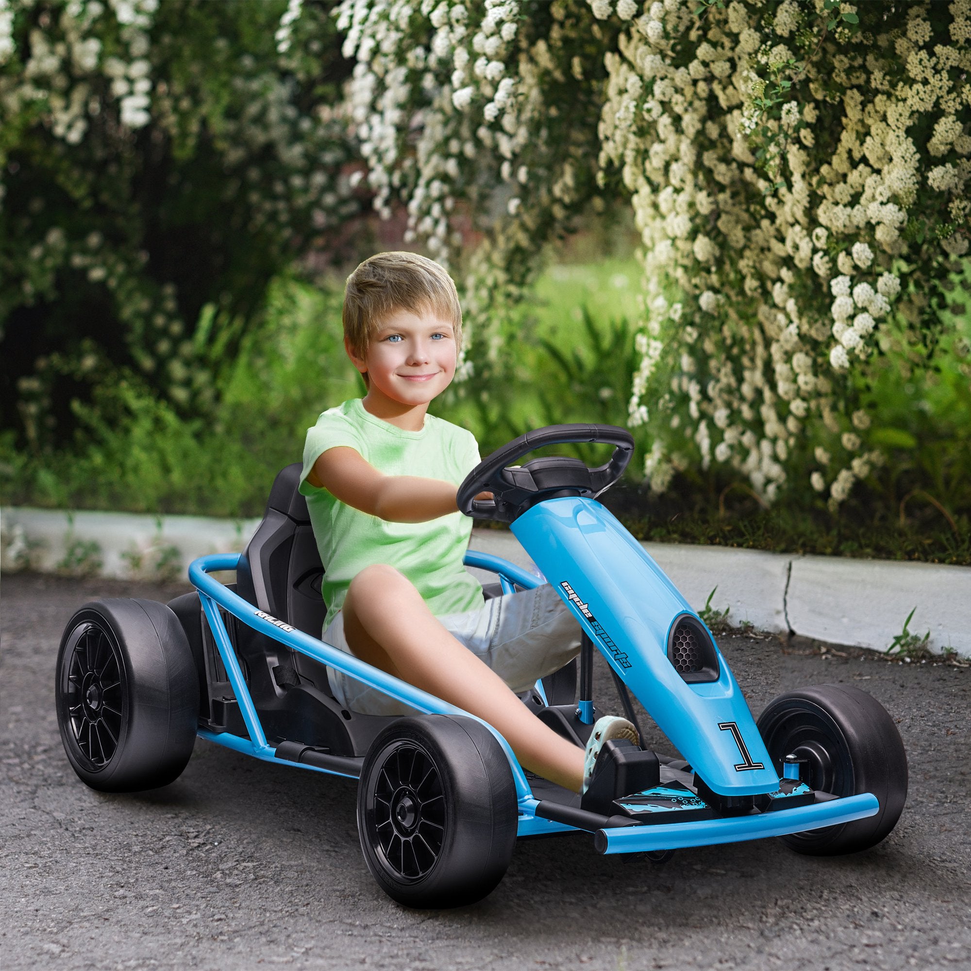 Go Kart Elettrico per Bambini 24V 13km/h Schienale Alto e Cintura di Sicurezza Blu e Nero...