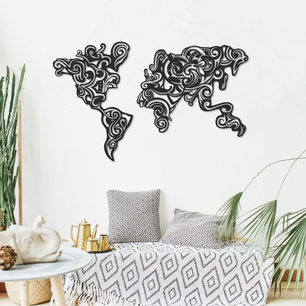 Cornice decorativa 100x61 cm Tribal metallo nero mappa continenti...