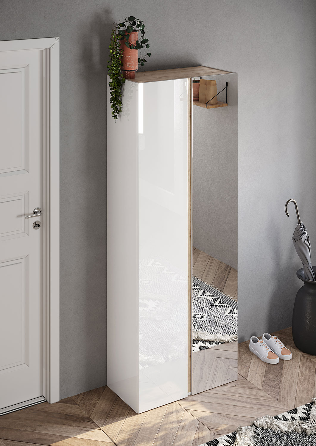 Armadio Guardaroba con Anta a Specchio e Ripiani 70x35x185 cm Frame Bianco Lucido e Cadiz
