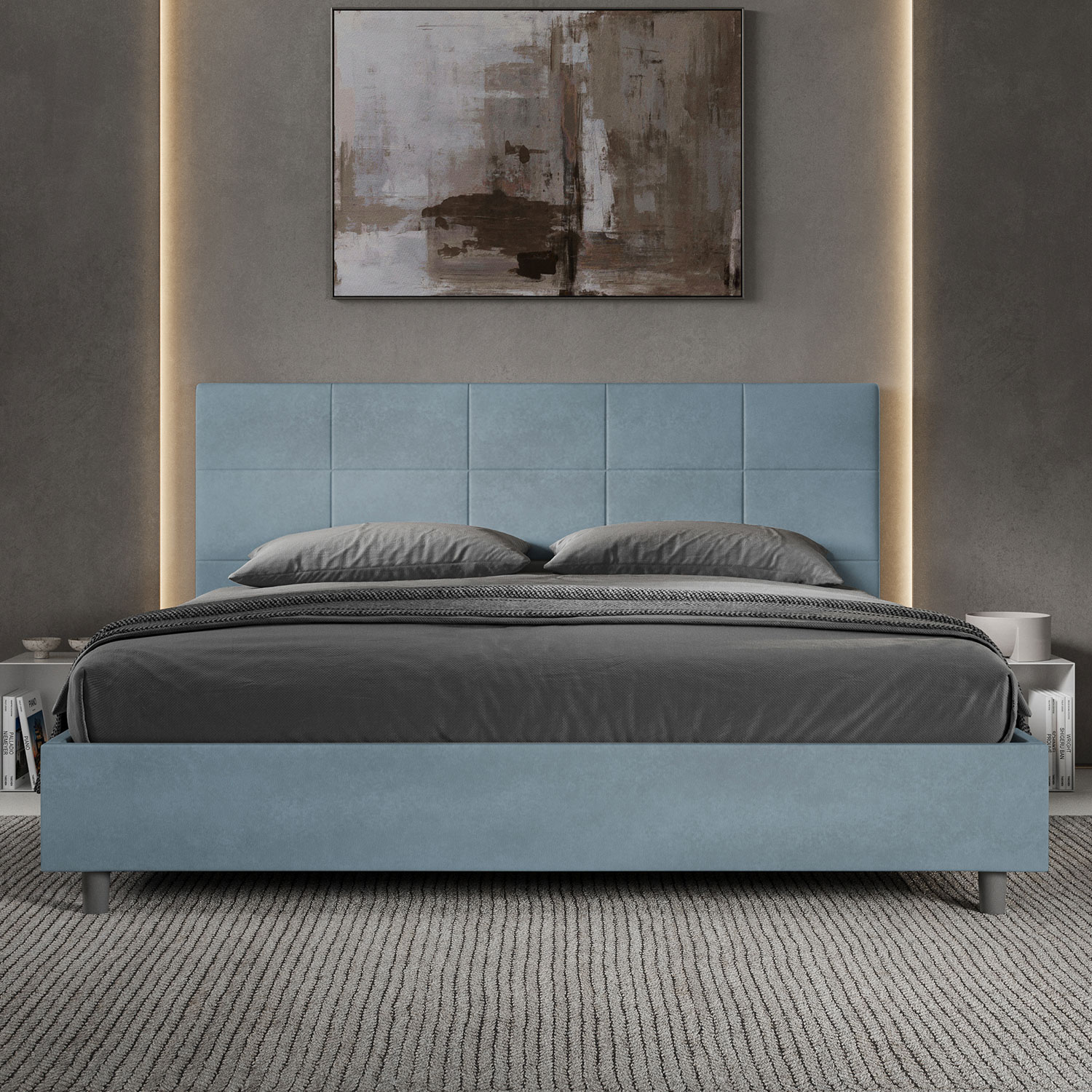 Letto Matrimoniale King Size 180x200 cm Senza Rete Imbottito in Microfibra Mika Azzurro...