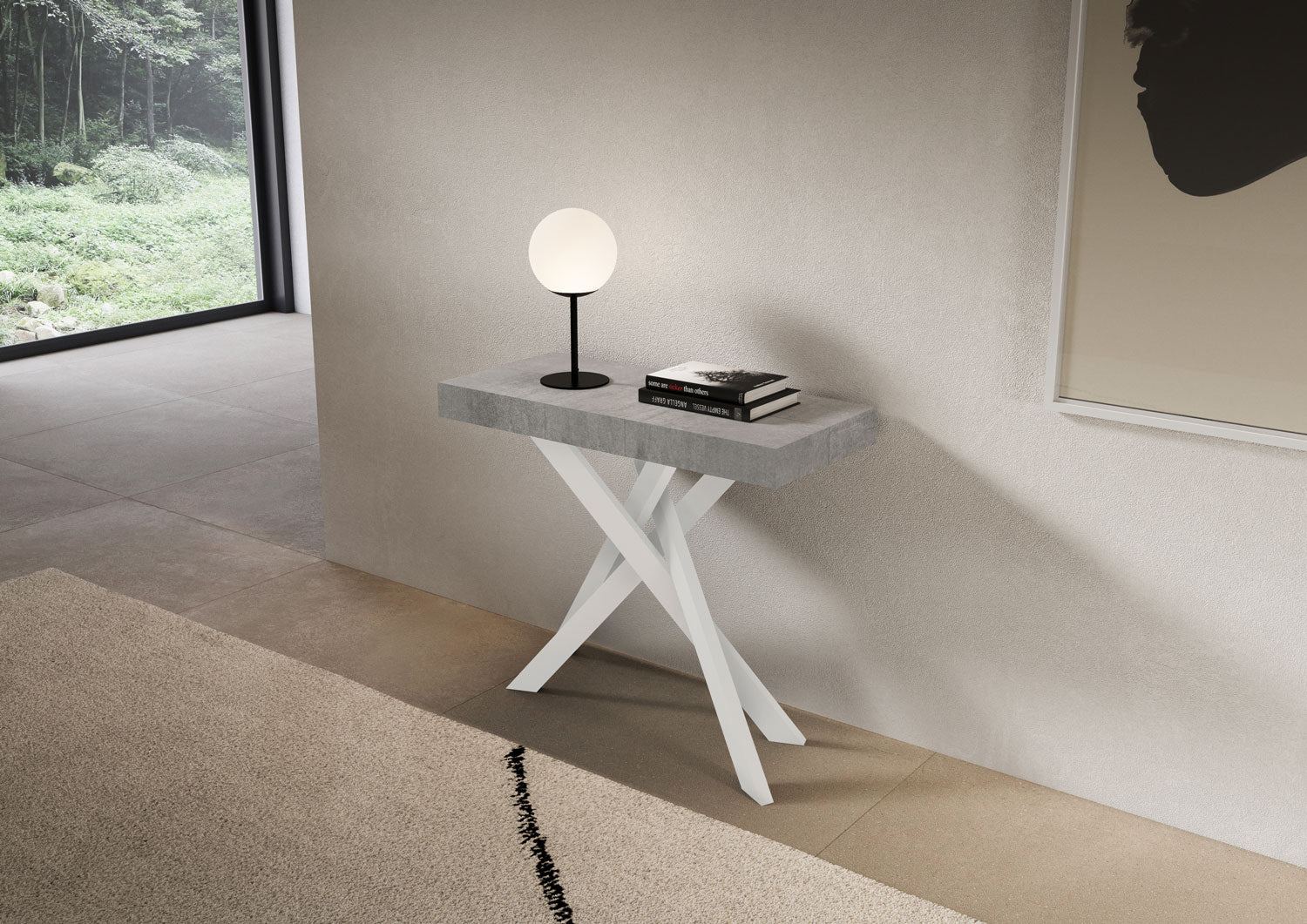 Consolle Allungabile 90-196x40x77 cm Saki Small Premium Cemento Gambe Bianche...