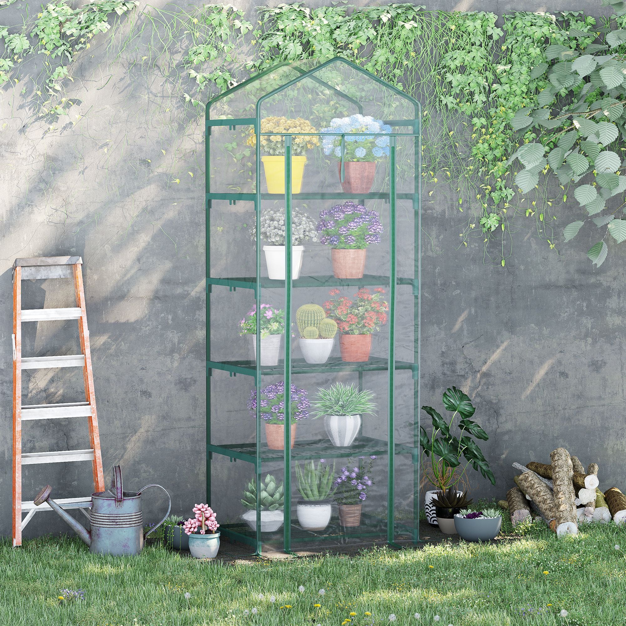 Mini Serra per Piante a 5 Ripiani 69x49x193 cm in Acciaio Verde...