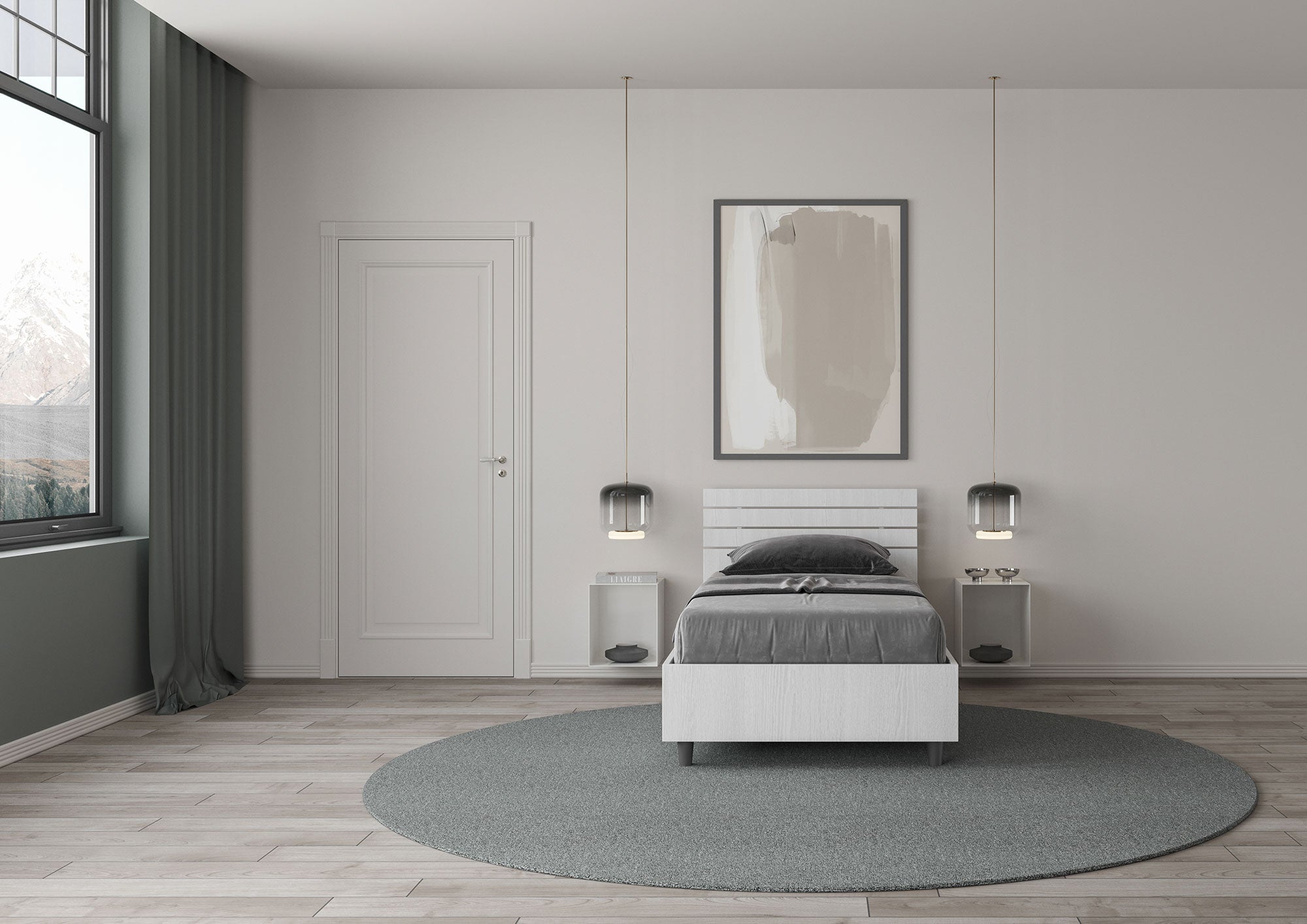 Letto Singolo 80x200 cm Senza Rete Testata Doghe Inclinata Ankel Bianco Frassino...