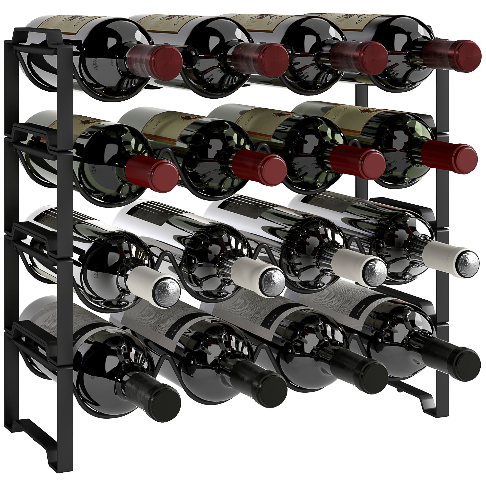 Portabottiglie a 4 Livelli a Onda 42.5x16,5x41 cm Impilabili per 16 Bottiglie in Metallo Nero