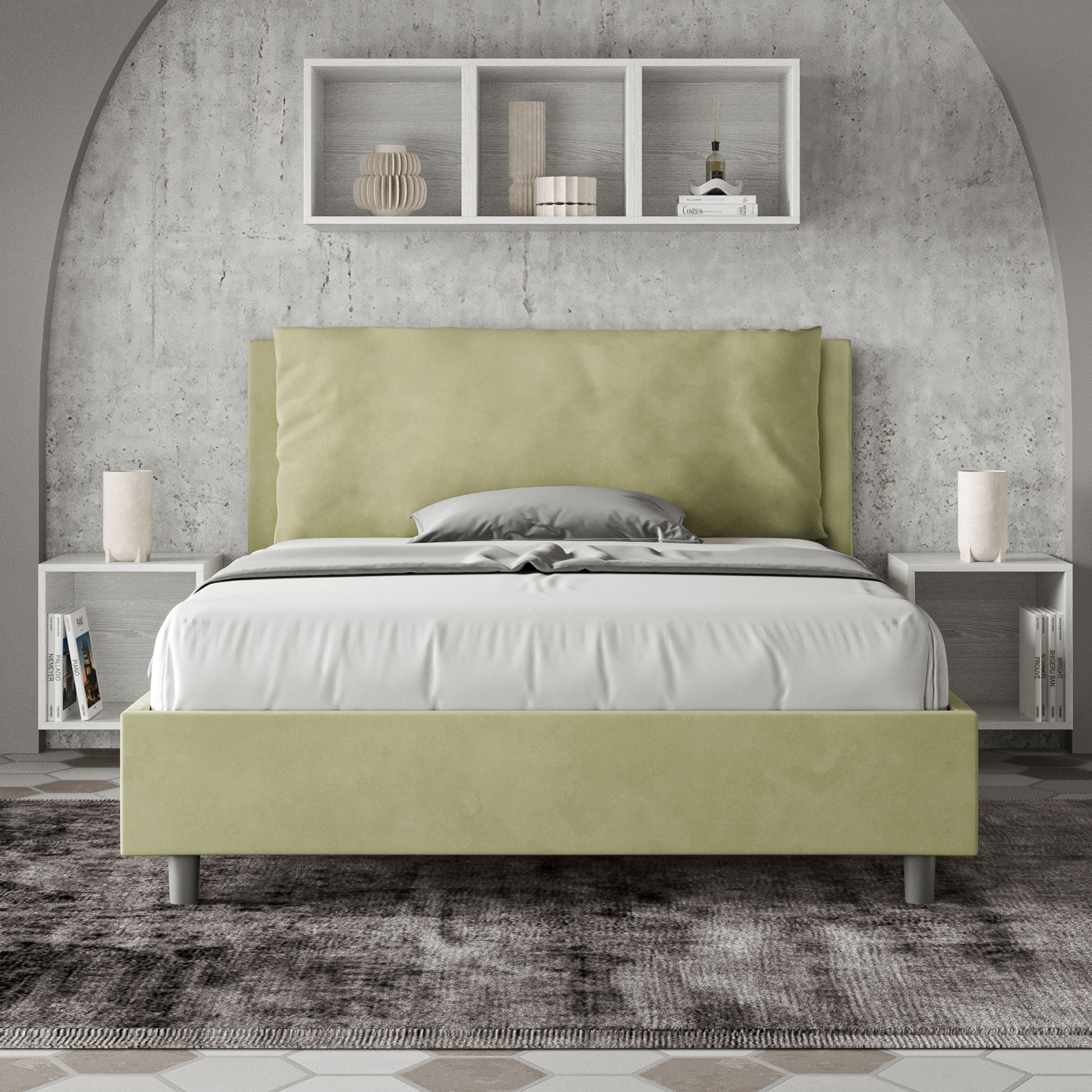 Letto Matrimoniale Francese 140x190 cm Senza Rete Imbottito in Microfibra Antea Large Tè Verde...
