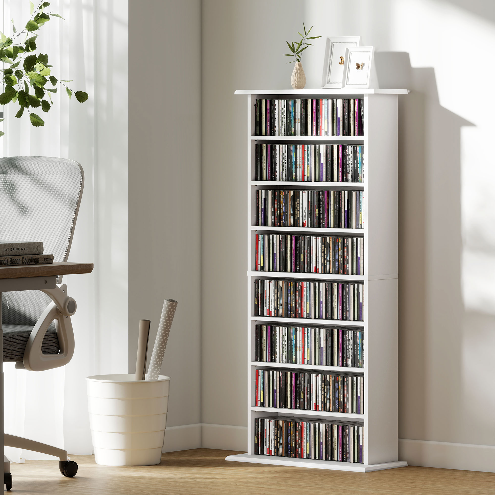 Scaffale Porta CD 58x24x124,5 cm con 6 Ripiani Regolabili Capacità di 360 CD/185 DVD Bianco...