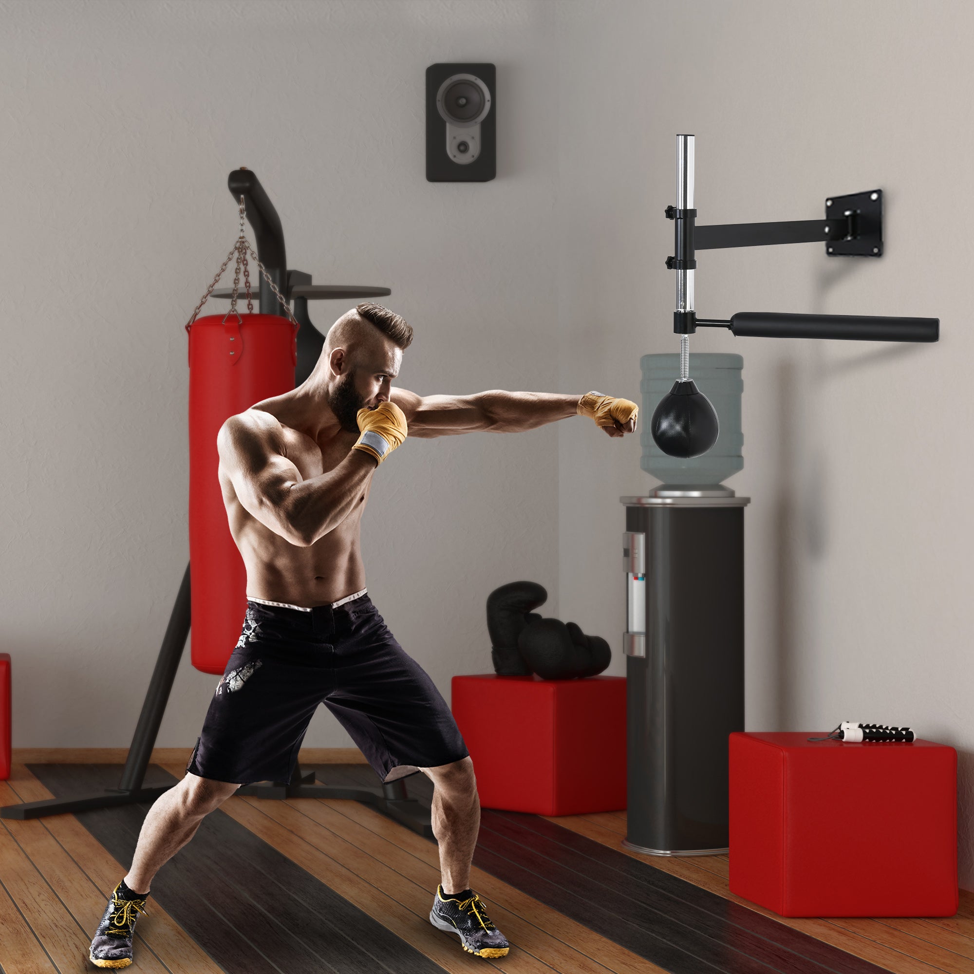 Speed Bag a Parete per Boxe e MMA ad Altezza Regolabile con Asta 79x72x20 cm in Acciaio e PU Nero...