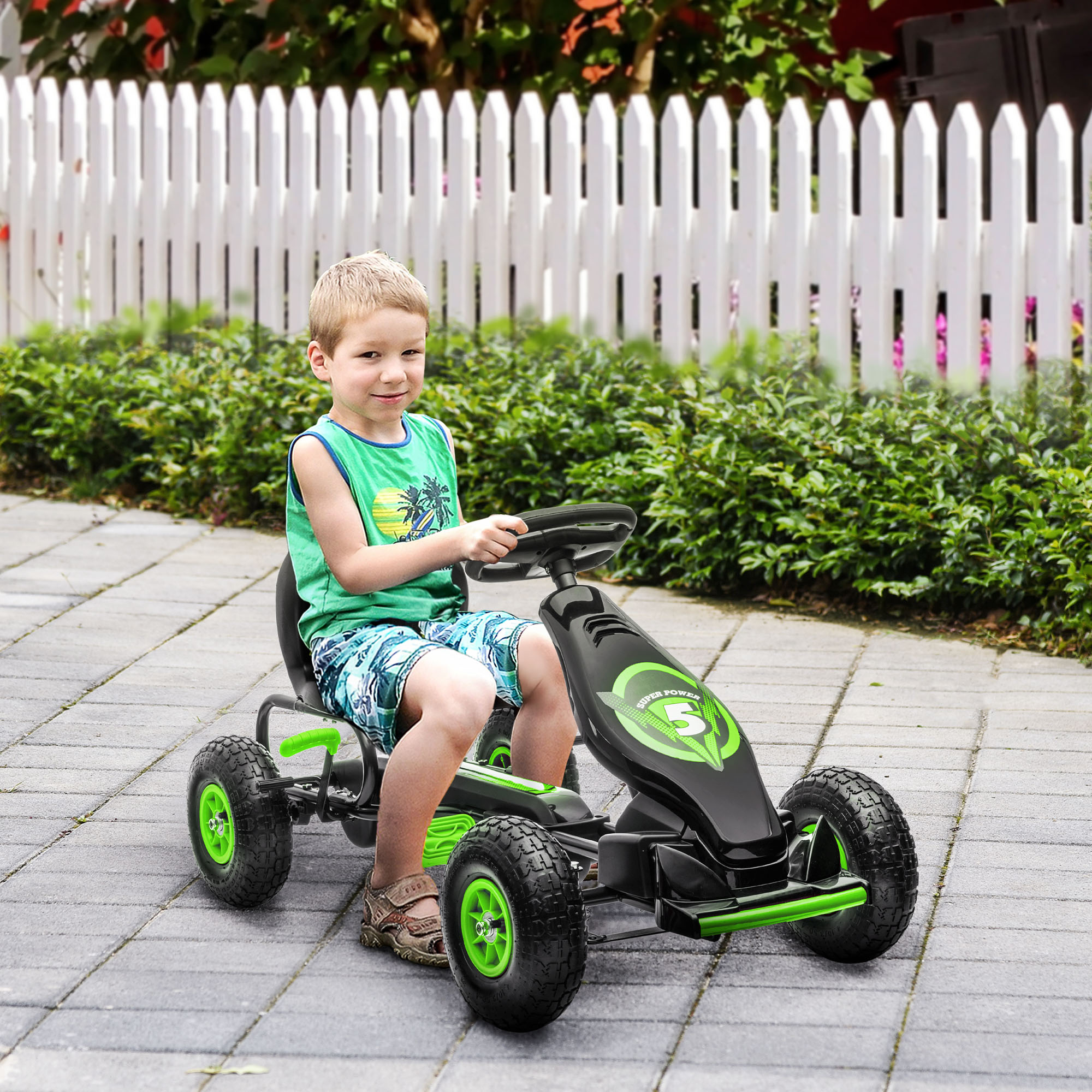 Go Kart a Pedali per Bambini 5-12 Anni 121x58x61 cm in Metallo e PP Verde e Nero...
